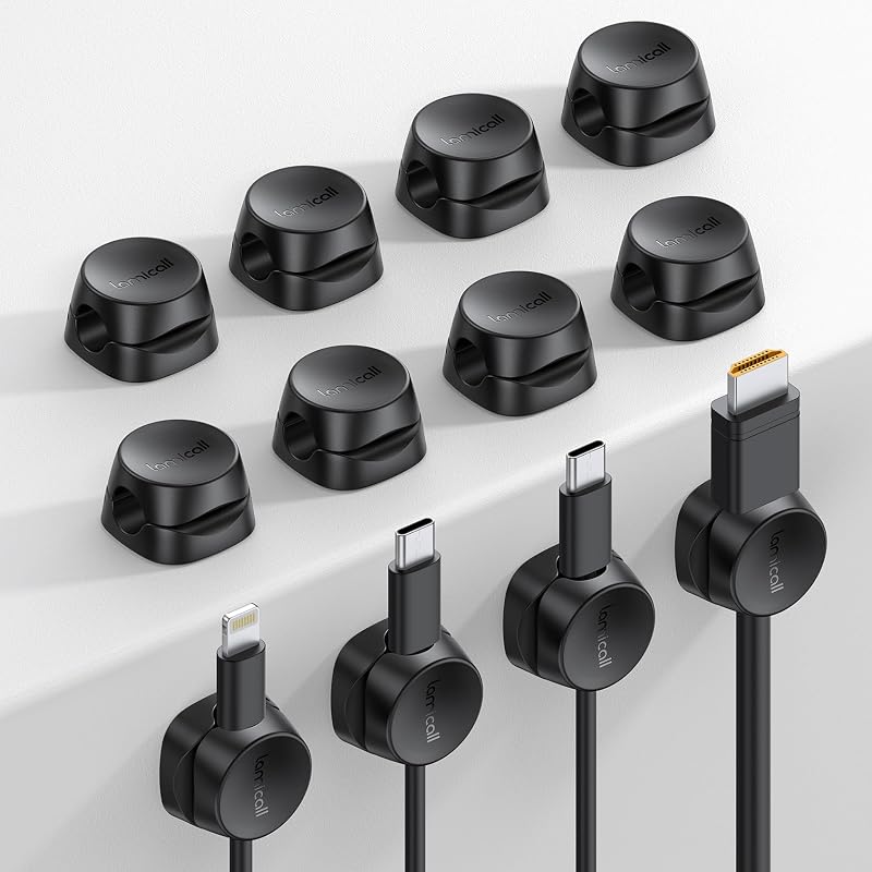 Lamicall 12 Pack Spring Cord Organizer Clips, Cable Management for Desk | Office Accessories, Dorm Room Bedroom Nightstand Adhesive Phone Charger Cord Holder Wire Keeper, Black