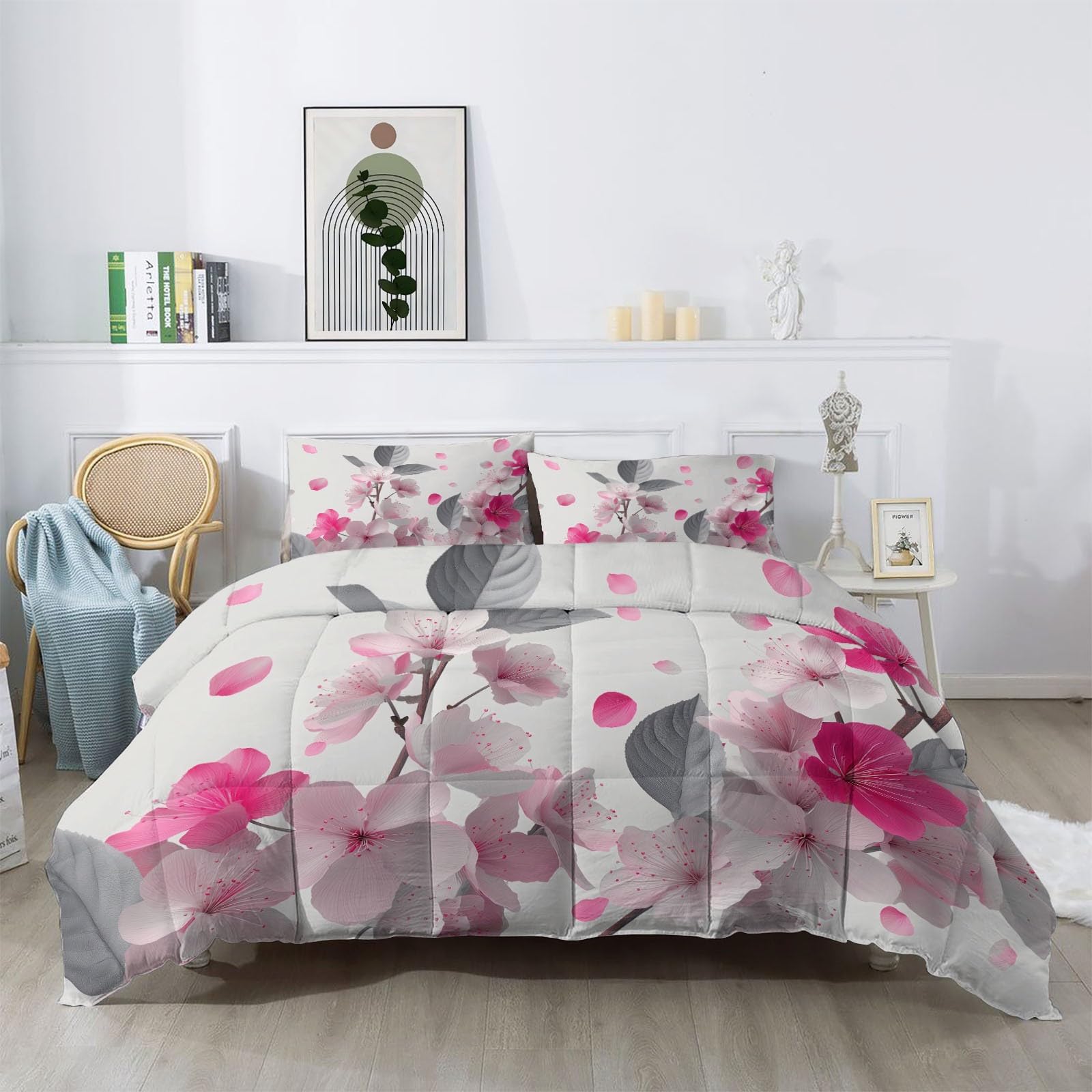 King - Set copripiumino lavabile con 2 federe, 4,5 Tog, grigio e rosa, per tutte le stagioni, leggero, caldo, motivo piante 3D, motivo fiori e foglie, 200 x 220 cm