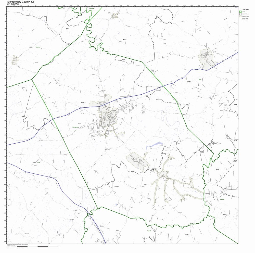 Montgomery County, Kentucky KY ZIP Code Map Not Laminated