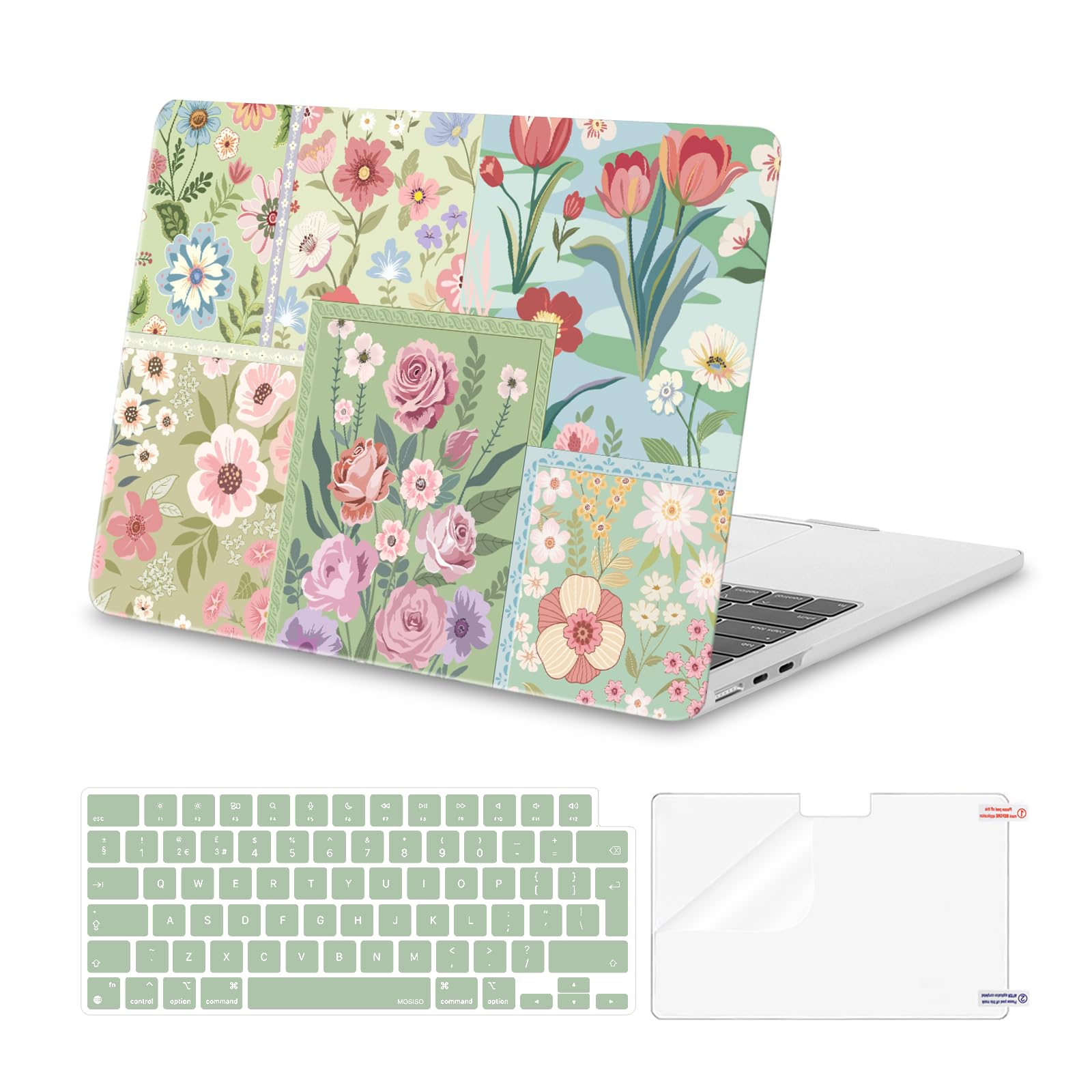 MOSISO Compatible avec MacBook Air 13 Pouces M5 M4 M3 M2 2026-2022 A3449 A3240 A3113 A2681,Fleurs Découpées Plastic Coque Rigide&Clavier Skin&Protecteur D'écran pour MacBook Air 13,6 Pouces,Vert
