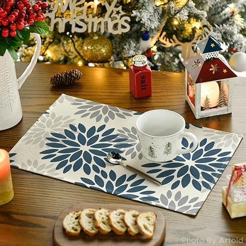 Miniatura 3 de Aqua Dahlia - Juego de 4 manteles individuales de invierno con estampado floral bohemio de 12 x 18 pulgadas para decoración de fiestas, cocina,