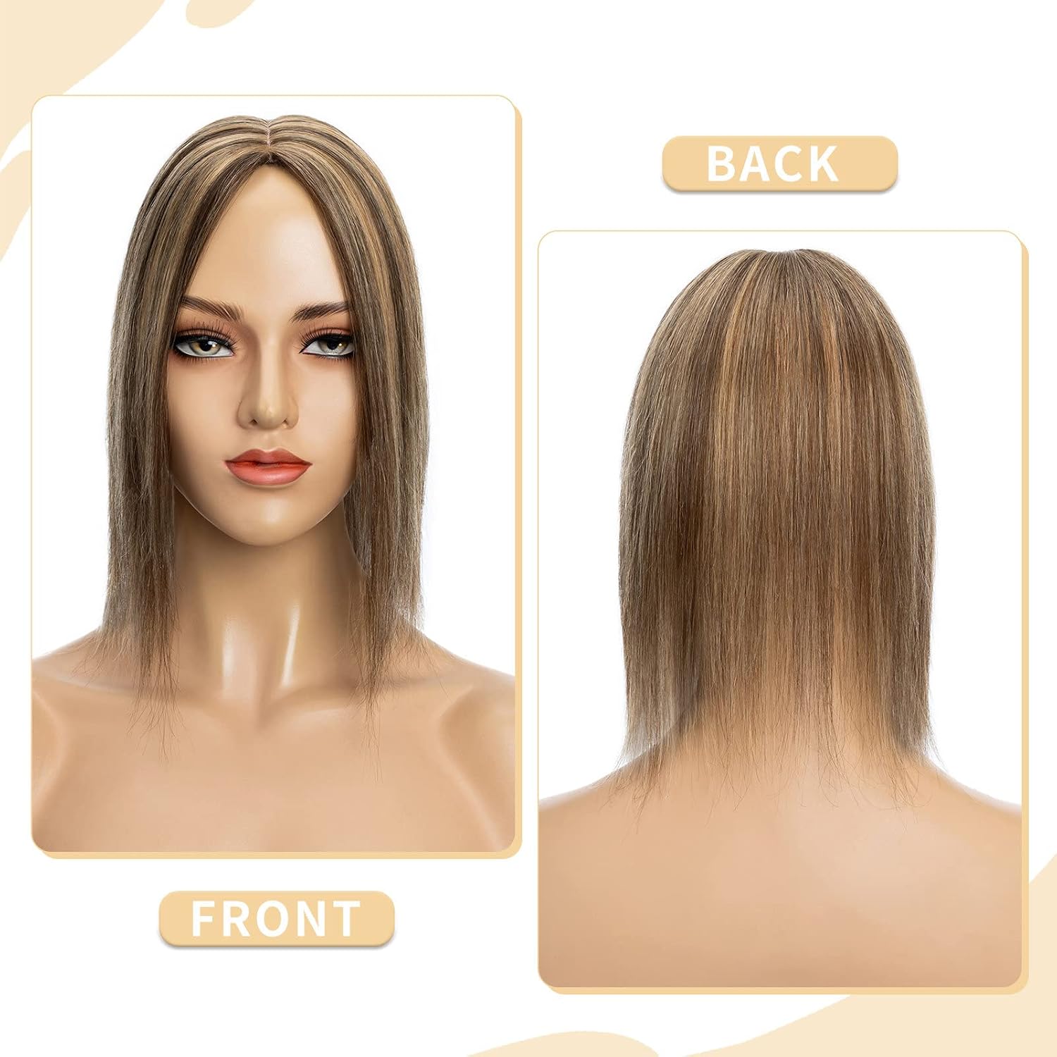 Hairro 100% Real Human Hair Toppers for Women No Bang, Clip in Real Hairpieces, Breathable Silk Base for Covering Greyish Thinning Hair Loss on Top, 8 Inch Medium Brown Mix Dark Blonde