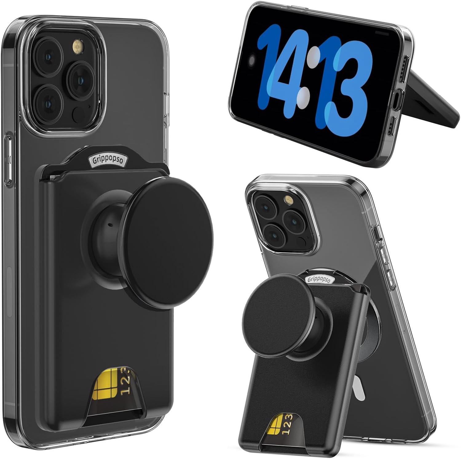 for MagSafe Wallet Stand, Magnetic Wallet Stand Adjustable, Phone Stands Card Holder with Secure Grip, for Samsung S25 S24 S23 Series and for iPhone 17 16 15 14 13 12 Series, Fit 3 Cards, Black