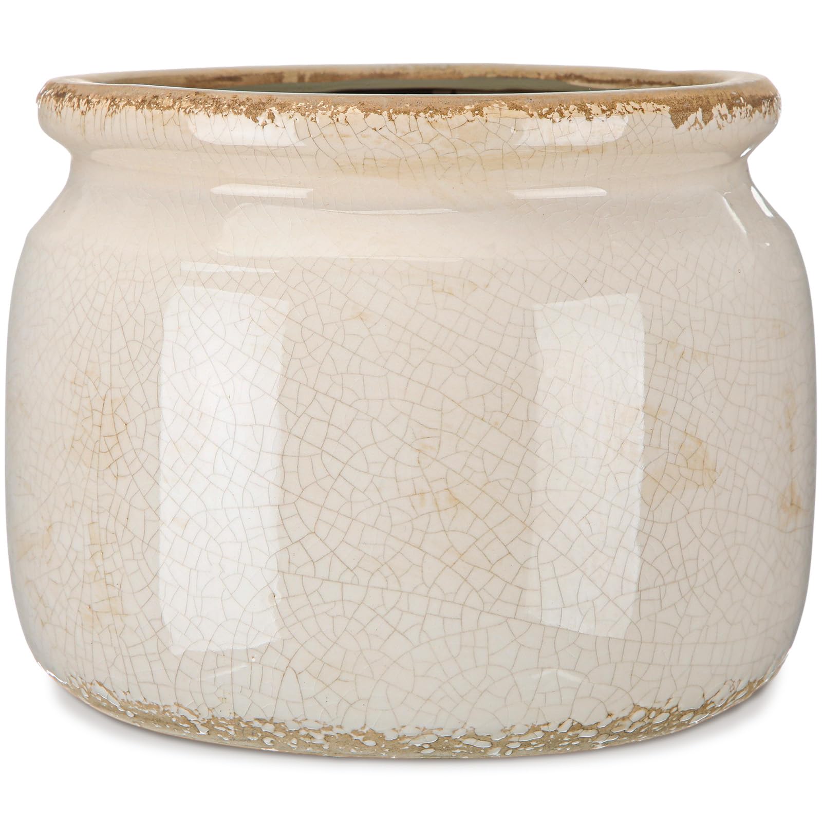 Ninehaoou 7.7″ Large Vintage Ceramic Plant Pot Pure Beige Rustic Planter with Ice Crackle Glaze & Drainage Hole for Indoor Outdoor Plants Farmhouse Home Kitchen Office Decor Gift for Women Teacher