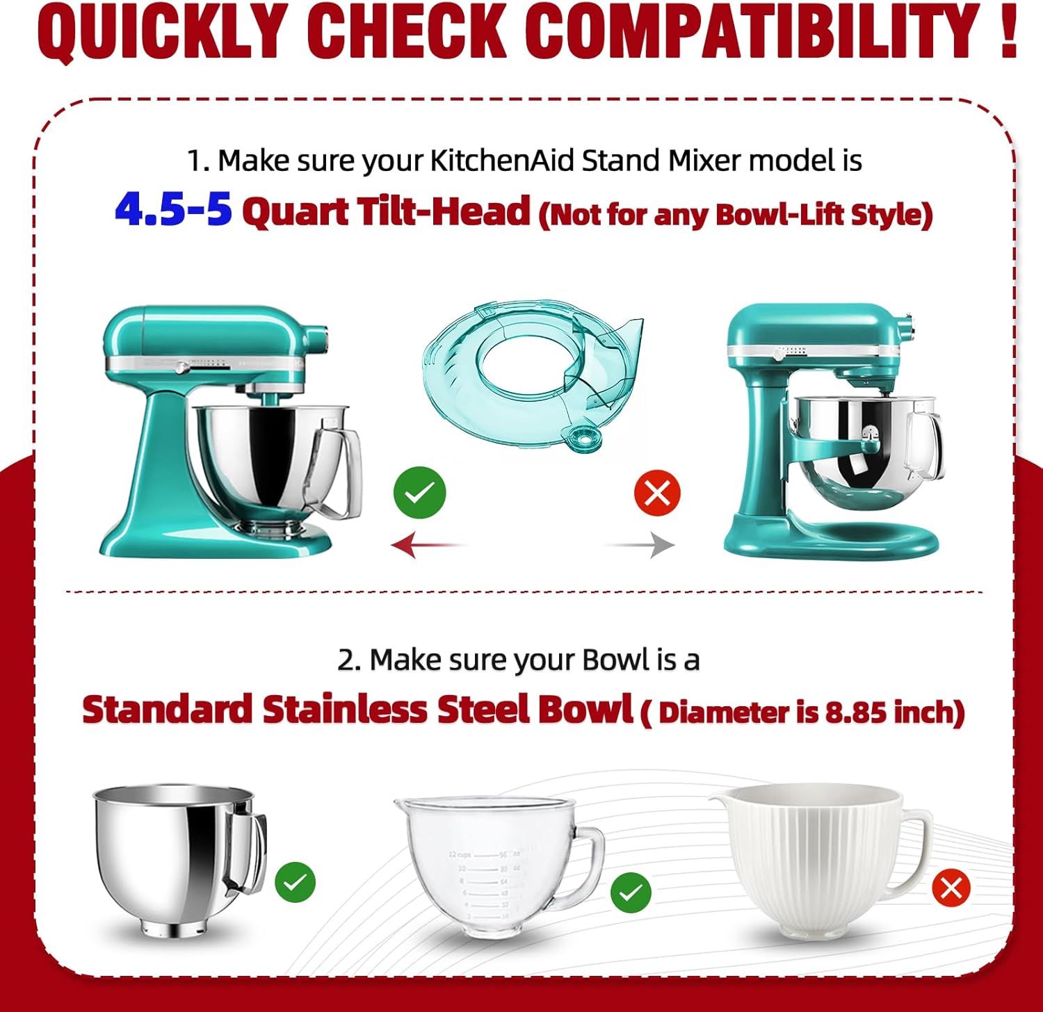 Pouring Shield for KitchenAid Tilt Head 4.5-5QT Mixer Stainless Steel Bowls (Only),Food Grade Pouring Shield Mixers Bowl Cover Splash Guard for Kitchen aid Accessories and Attachments,Upgraded