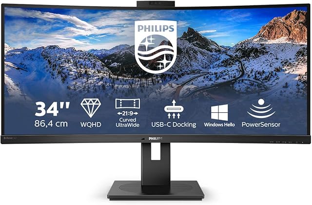 Philips 346P1CRH - 34 Inch QGHD Curved ultrawide Monitor, 100Hz, 4ms, VA, USB-C Dock, Webcam, Speakers, HDR 400 (3440 x 1440, 500 cd/m², HDMi/DP/USB-C/USB 3.2)