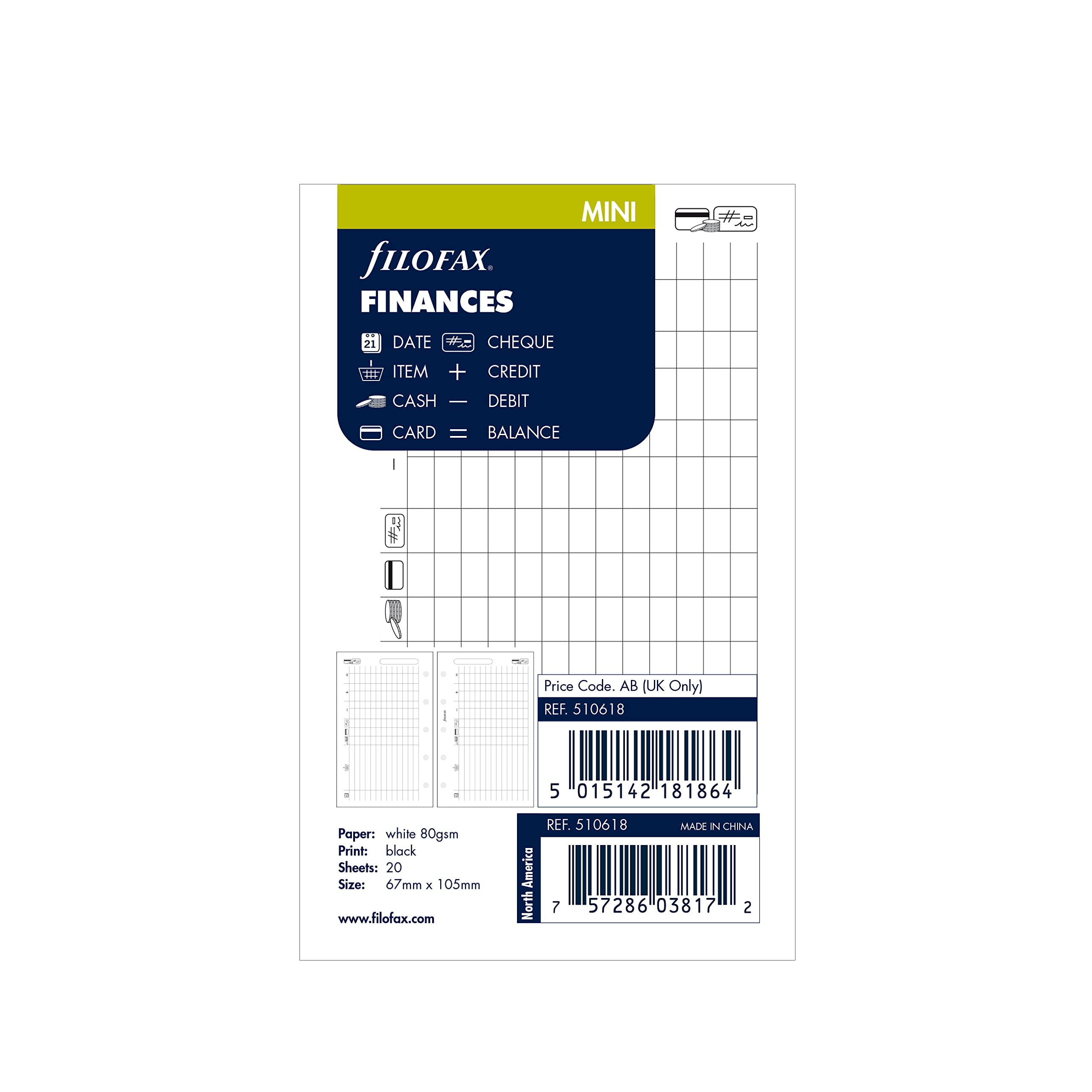 Filofax B510618 - Ricarica per organizer, formato mini, carta bianca, 10,5 x 6,7 cm, 20 fogli