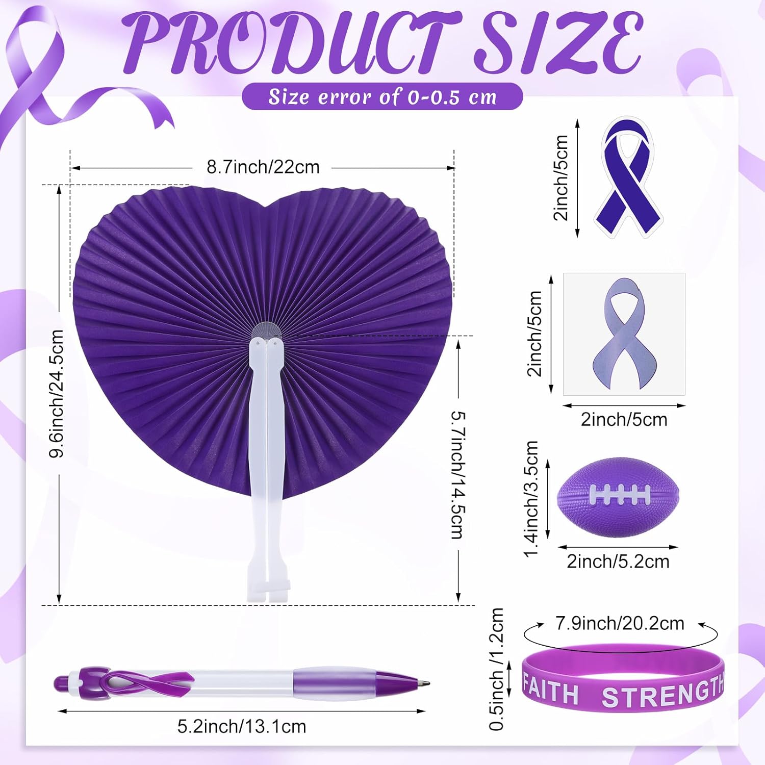 150 Pcs Testicular Cancer Awareness Purple Items Bulk Ribbon Stickers Stress Football Folding Fan Tattoo Sticker Silicone Bracelet for Charity Events Gifts Supplies