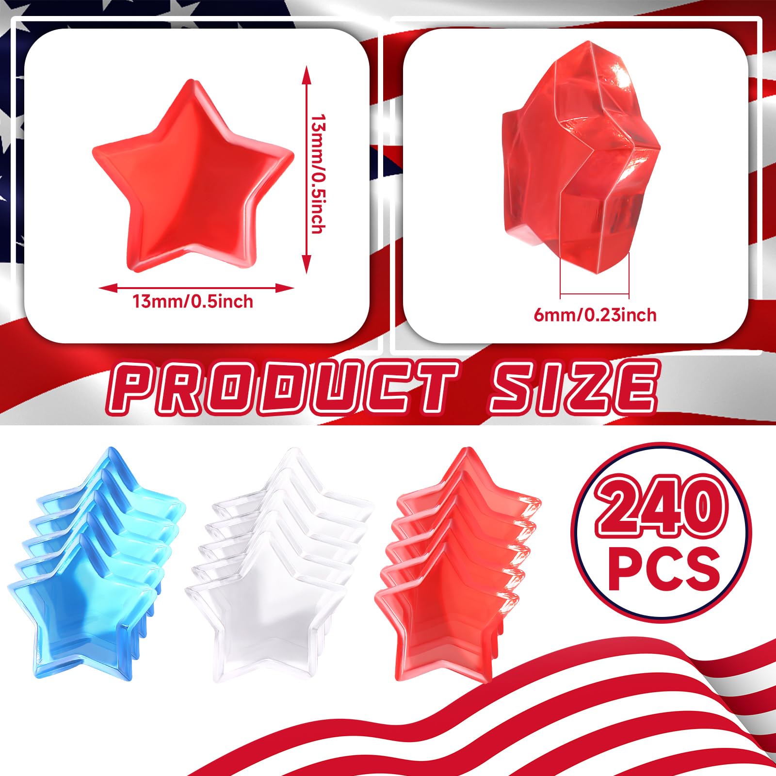 BOARDFEB 240 Pcs Patriotic Vase Filler Ice Rocks Acrylic 4th of July Star Crystals Gems Memorial Day Independence Day 3D Star Shaped Gems Decorations for Table Scatter, Party Wedding Arts Crafts