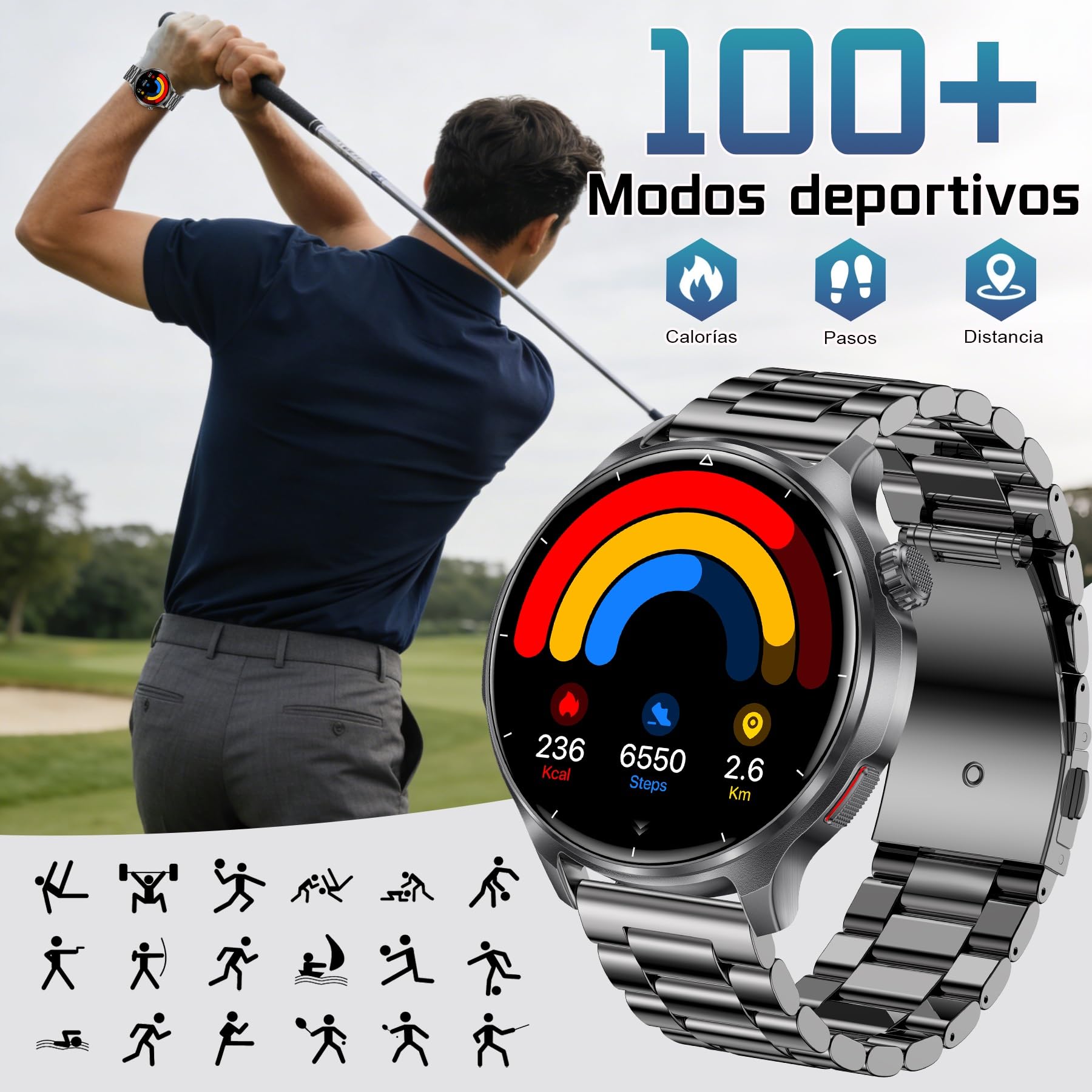 Reloj Inteligente Hombre con 1000mAh Batería, 1,52" Smartwatch Hombre con Llamadas, Pulsómetro SpO2 Monitor de Sueño Podómetro, 100+ Modos Deportivos, Pulsera Actividad para Android iOS (Negro)