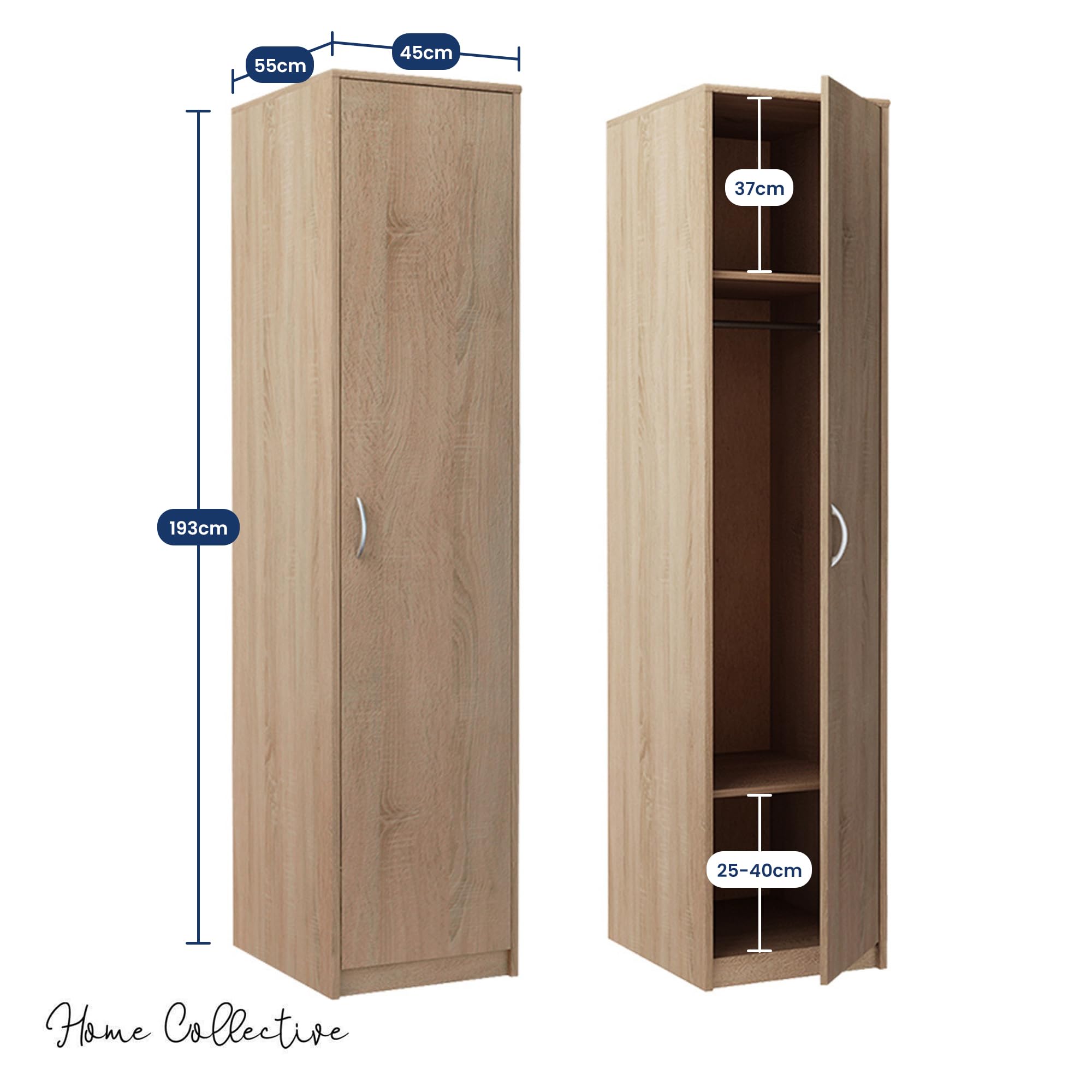 Home Collective Kleiderschrank mit 1 Tür, 1 Kleiderstange und 2 Einlegeböden, Garderobenschrank 45 cm breit Schrank schmal Matte Oberfläche, ideal für Schlafzimmer, Wohnzimmer, Flur | Sonoma
