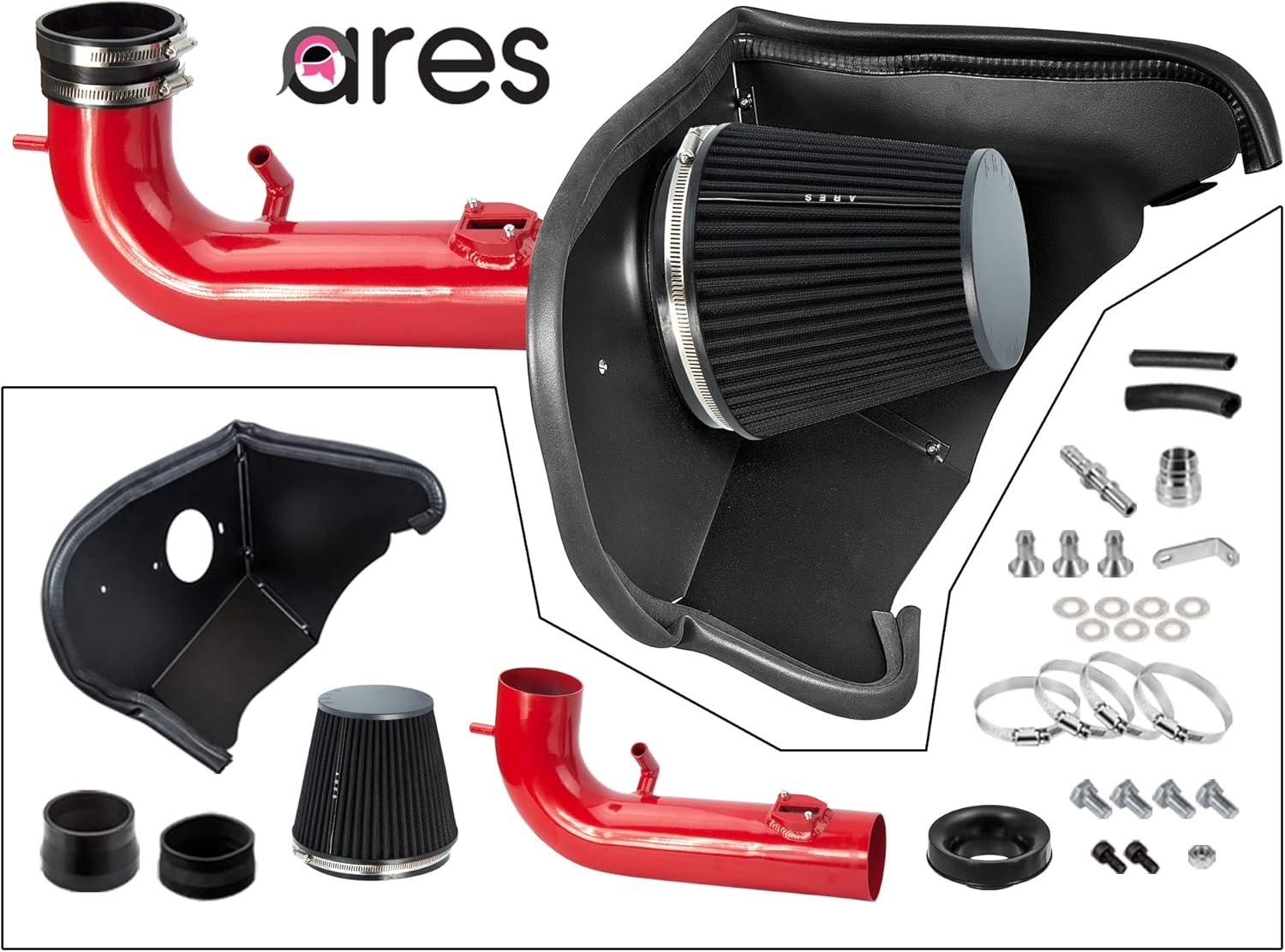 Ares RED For 2016-2021 Camaro 3.6L V6 Heat Shield Cold Air Intake Kit +Filter