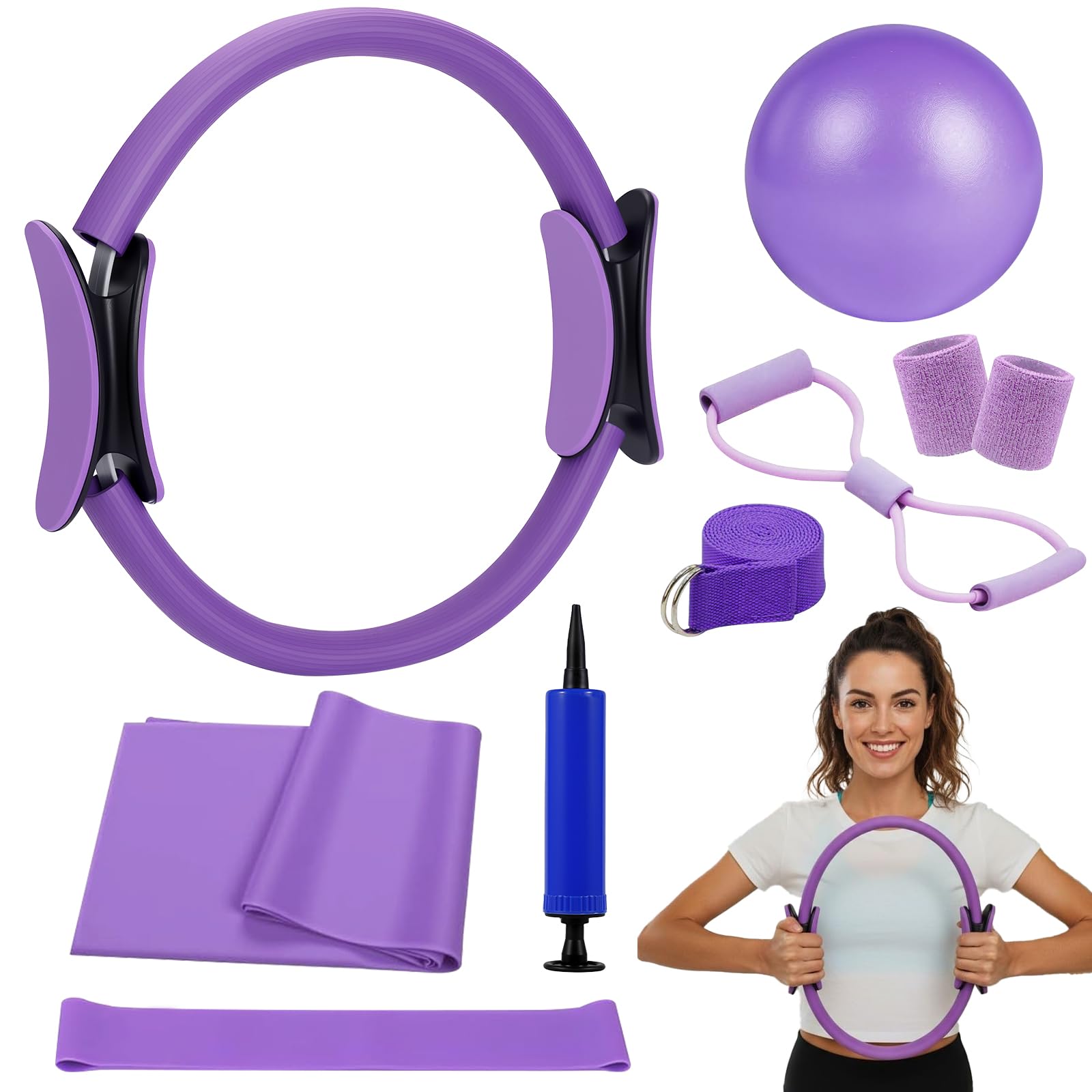 Kit Pilates Maison Femmes, Ensemble Pilates & Yoga Essentiel avec Anneau, Ballon, Bandes de Résistance