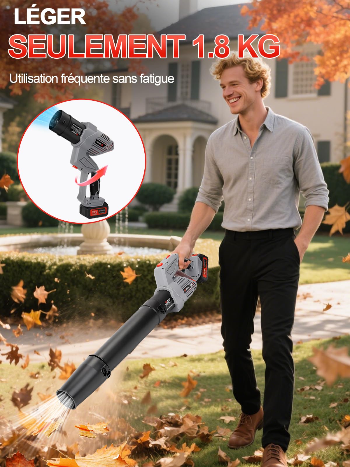 Souffleur à Feuilles sans Fil,Mode Turbo,1189m³/h,21V,souffleur à Feuilles 5 Vitesses avec 2 Batteries de 4.0 Ah et Chargeur,Rotation à 180 °,pour Le Nettoyage de la pelouse,du Garage,de la terrasse