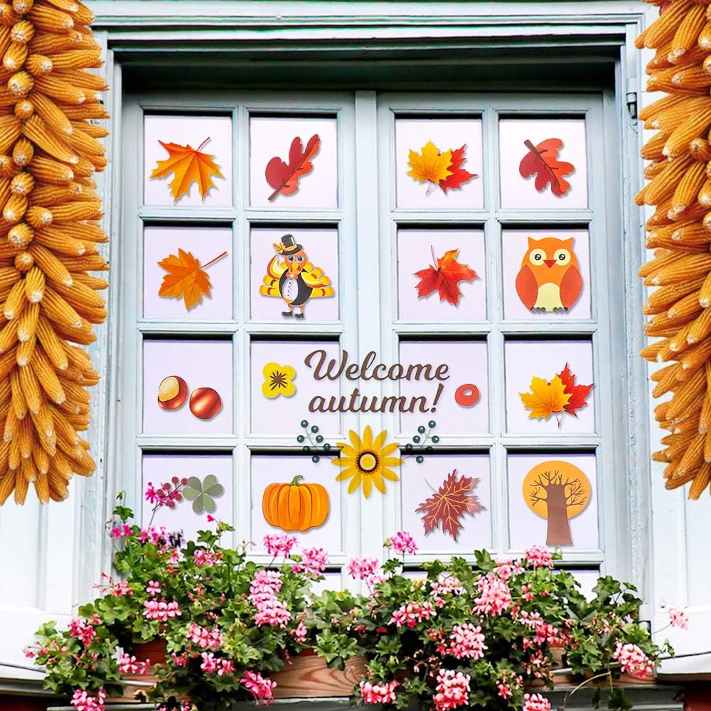 12 Sheets 144pcs Thanksgiving Window Clings Fall Maple Leaves Turkey Fruit Acorns Decorations Reusable Autumn Window Sticker Decals Party Decor Ornaments