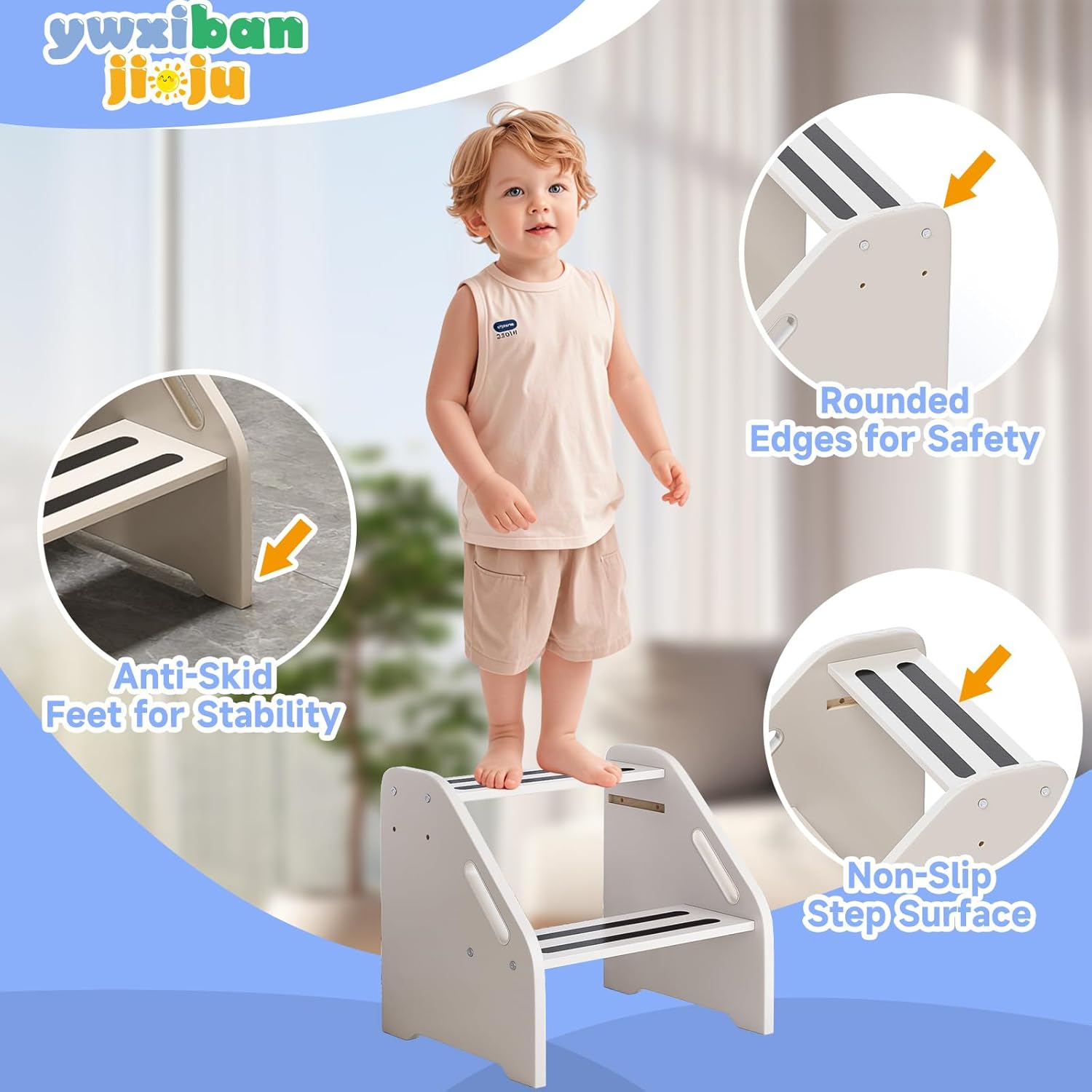 Wooden Toddler Step Stool with Handles, Adjustable 2-Step Stool for Kids Bathroom Sink, Potty Training & Kitchen Helper, Non-Slip Feet for Child Safety