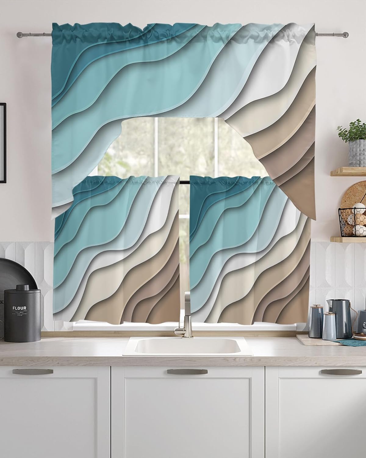 Teal Blue Ombre Cream Swag Curtains Valance and Tier Set, Rod Pocket Curtain Drapes for Bedroom Bathroom Over Sink Kitchen Curtains 3 Piece Set Modern Geometric Brown Swag Valances and 36 inches Tiers