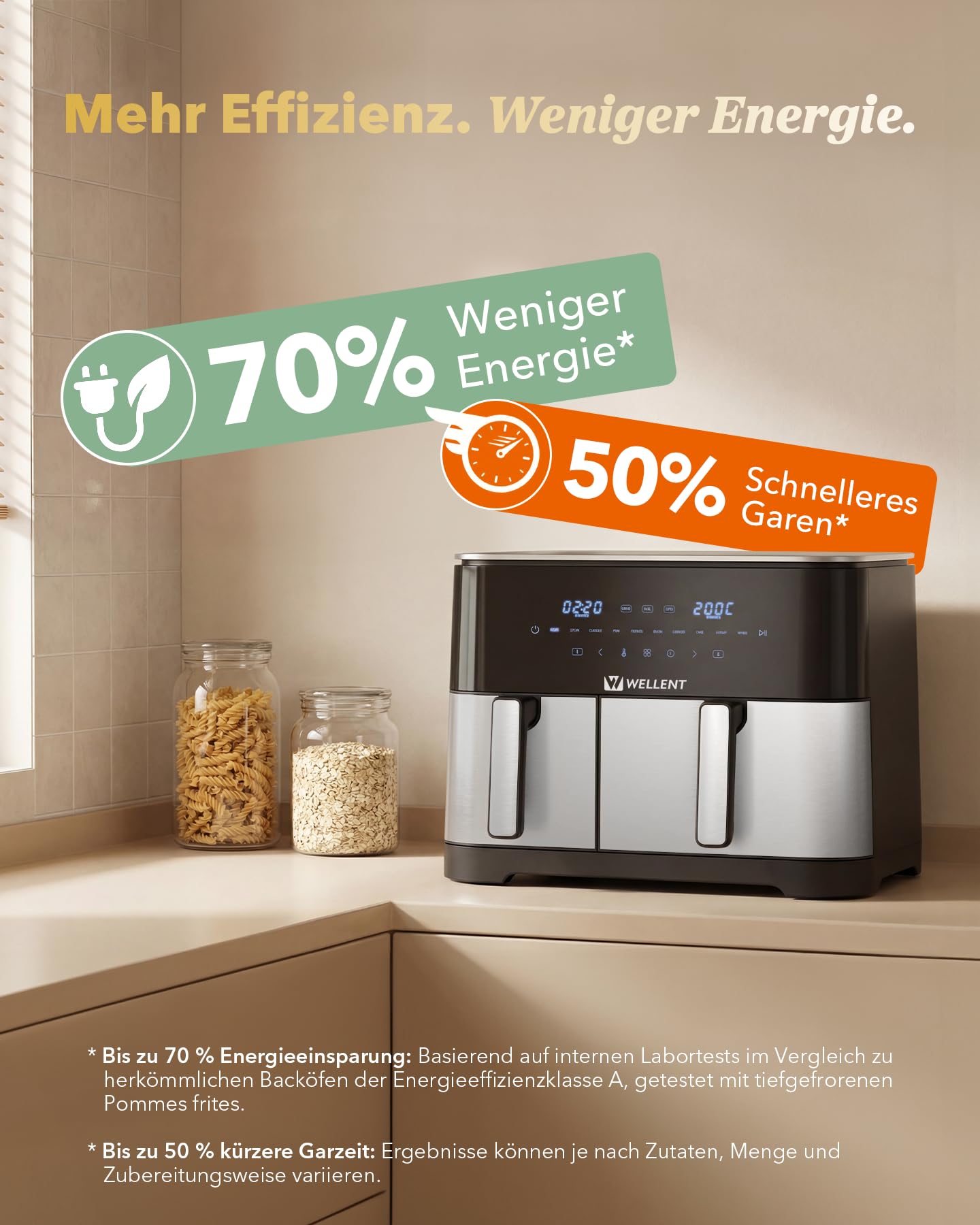 11L XXL Airfryer 2 Kammern(4+7L) - WELLENT 2600W 10-in-1 Heißluftfritteuse Doppelkammer mit Match&Sync-Funktion - Dual Zone Heissluftfritteuse mit Touchscreen,Schüttelerinnerung,Spülmaschinenfest