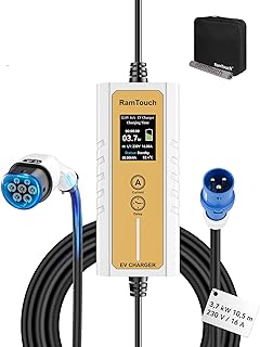 Ladekabel Elektroauto Blau CEE 16A auf Typ 2 (3,7 kW, 1-phasig, 10,5 m), IP65 Mobile Wallbox CEE mit 6A-16A Einstellbar und Timer & Verzögerung, EV-Ladegerät mit LCD für E-Autos & PHEV