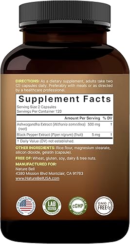 Miniatura 7 de NatureBell Ashwagandha con extracto de pimienta negra, 240 cápsulas | Complejo Ashwagandha con extracto de raíz – Suplementos herbales para mujeres