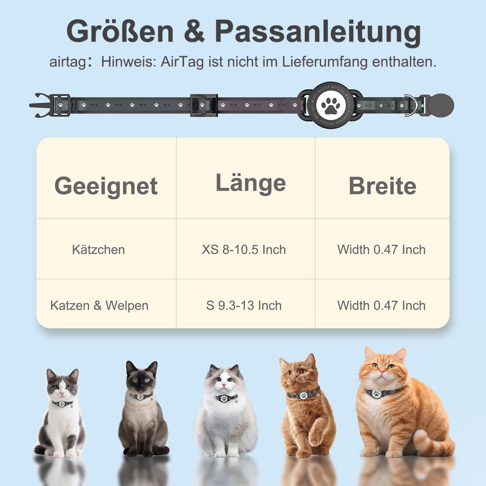 Airtag Katzenhalsband mit Sicherheitsverschluss, Reflektierend Katzenhalsband mit AirTag Halter und Glocke, Bequeme Polsterung & Verstellbar Wasserdicht Kätzchenhalsband (Schwarz, 8"-10.5")