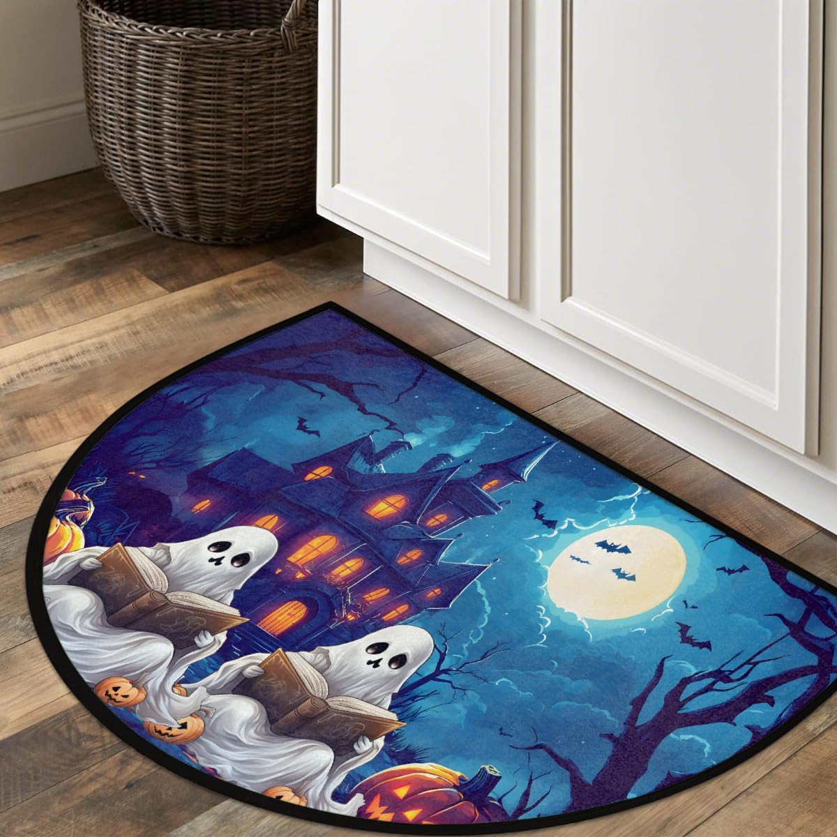 cfpolar Half Round Door Mat Ghosts Halloween Pumpkin Non-Slip Semi Circle Area Rug Washable Half Moon Hearth Rugs for Indoor Outdoor Bathroom Kitchen Patio Runner Mat Laundry Room Home Decoration