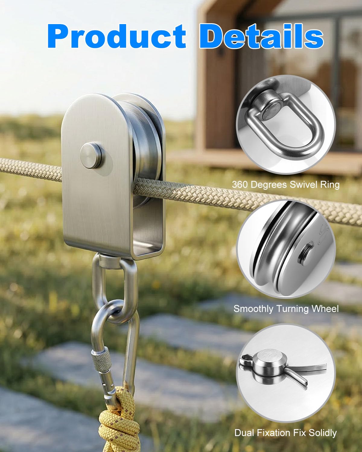 Rocaris 2Pcs M100 Lifting Single Pulley Roller Loading 3300Ibs, 304 Stainless Steel Heavy Duty Single Wheel Swivel Lifting Rope Pulley Block