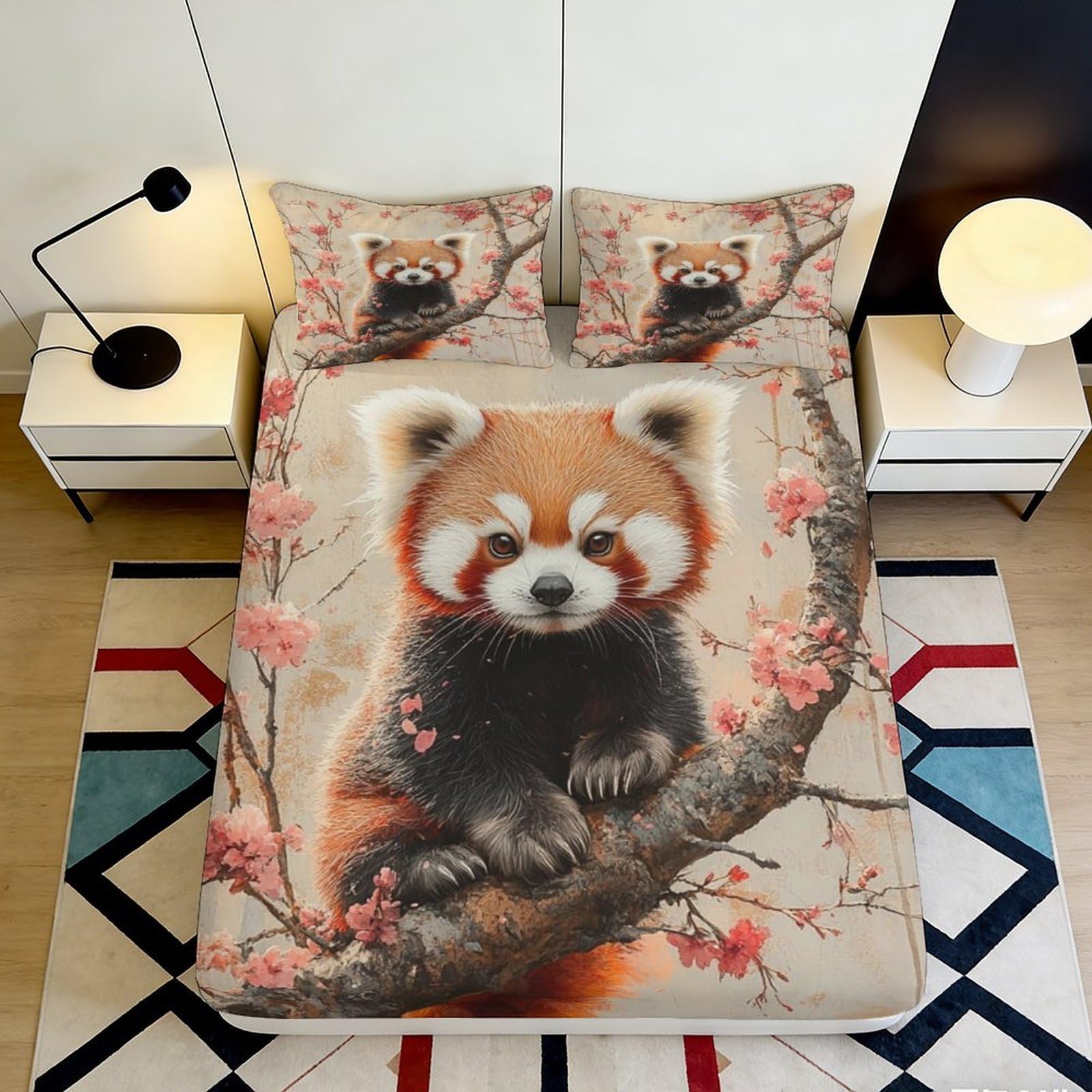 Pnayamiorkfel Style-7 3D Printed Red Panda Blossom Fitted Sheet Microfiber Anti-Slip Bed Cover For Bedroom Dorm Guest Room Decor Easy Care 90X200x25cm