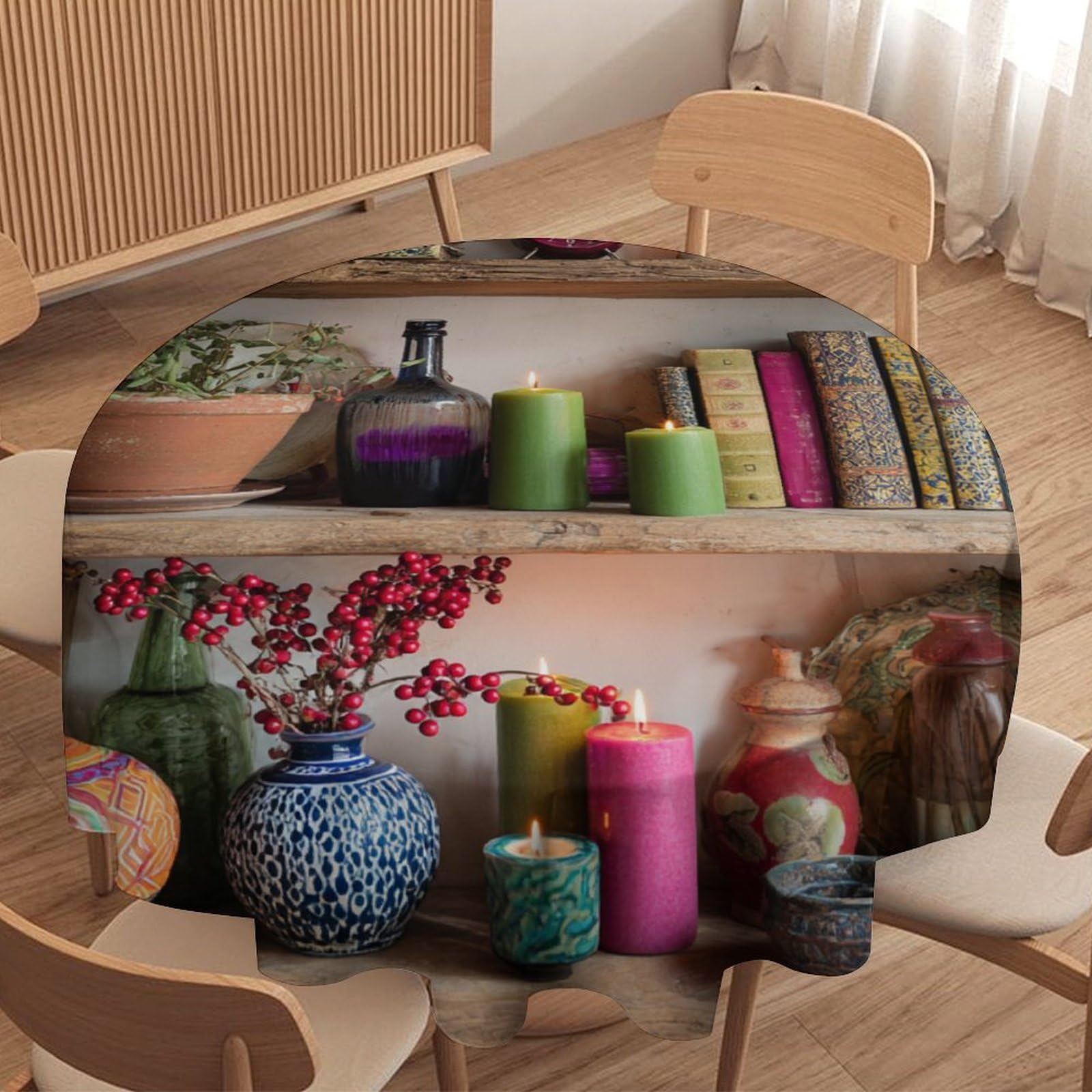 LUYYSKY Rustic Abstract Bookshelf Waterproof Round Tablecloth Modern Art Bookshelf Books Plants Pattern Washable Table Cover for Kitchen-177.8" Wx177.8 L cm