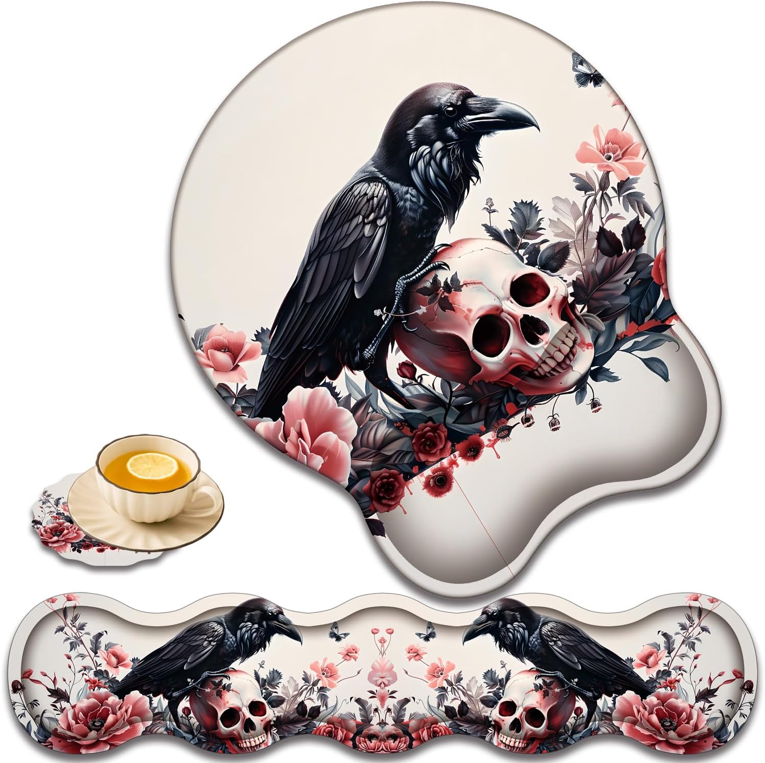 Keyboard Wrist Rest and Mouse Pad Wrist Support with Lace-Shaped Coaster Set, Ergonomic Gel Memory Foam and Anti-Slip Base, Easy Typing and Pain Relief - Rose Skeleton