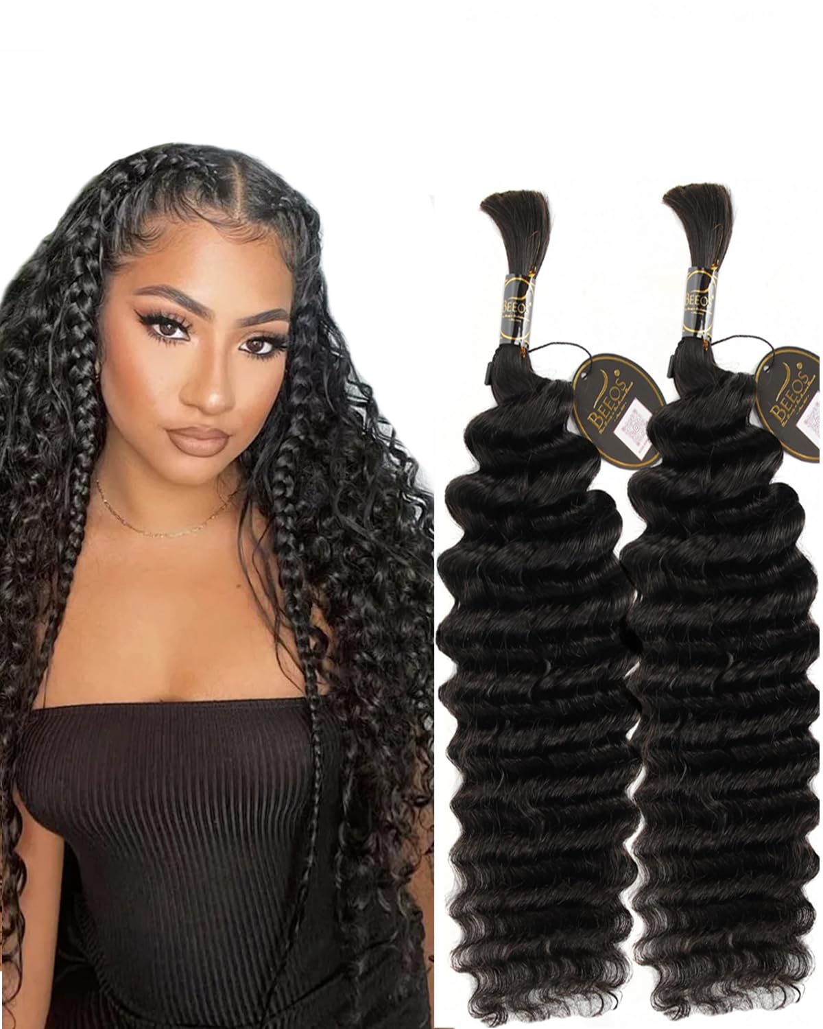 BEEOSHuman Braiding Hair 16Inch 50g Deep Wave Bulk Bundles for Boho Braids No Weft Human Hair Extensions for Micro Braiding(16inch,Natural Black)