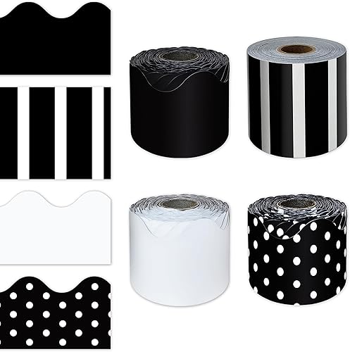 Carson Dellosa - 4 rollos de 260 pies de bordes festoneados en blanco y negro para tablón de anuncios, rayas, bordes blancos y negros para tablón de
