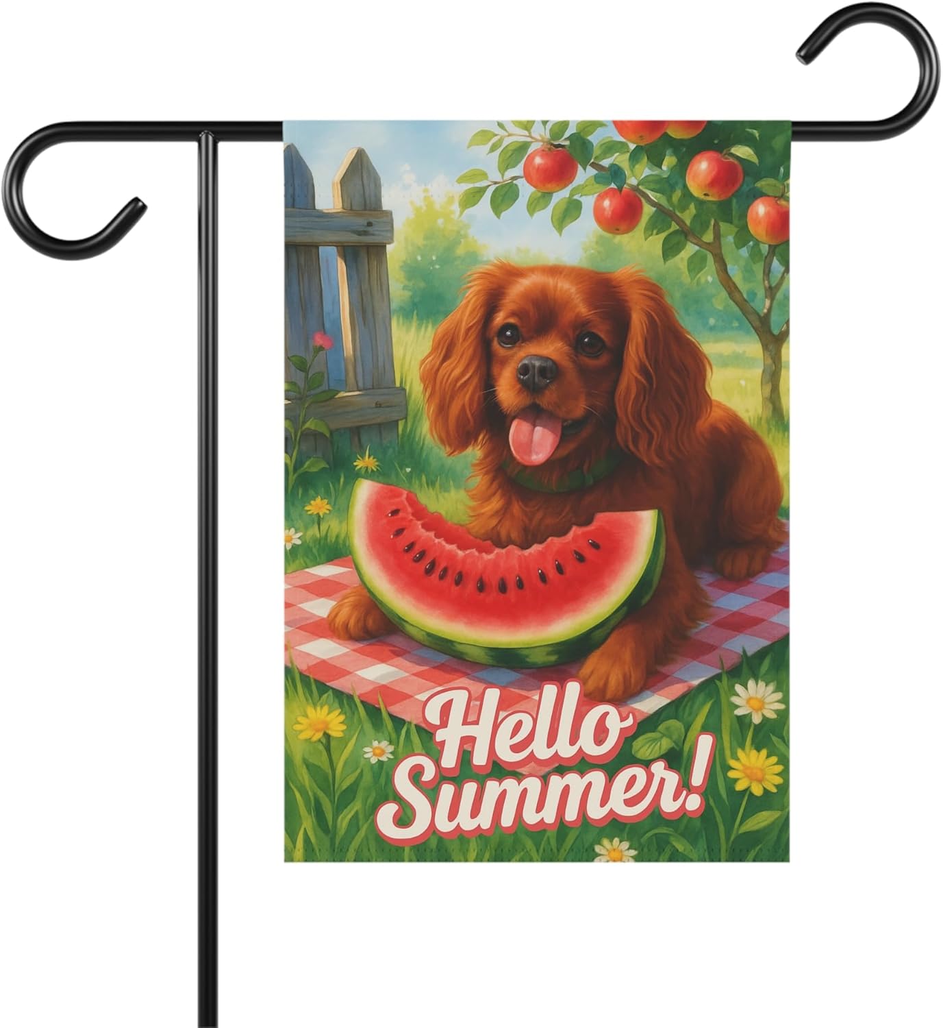 PUDDINFLAGS Garden Flag, Ruby King Charles Cavalier Dog Watermelon Hello Summer Yard Sign, Picnic Housewarming Decor, Dog