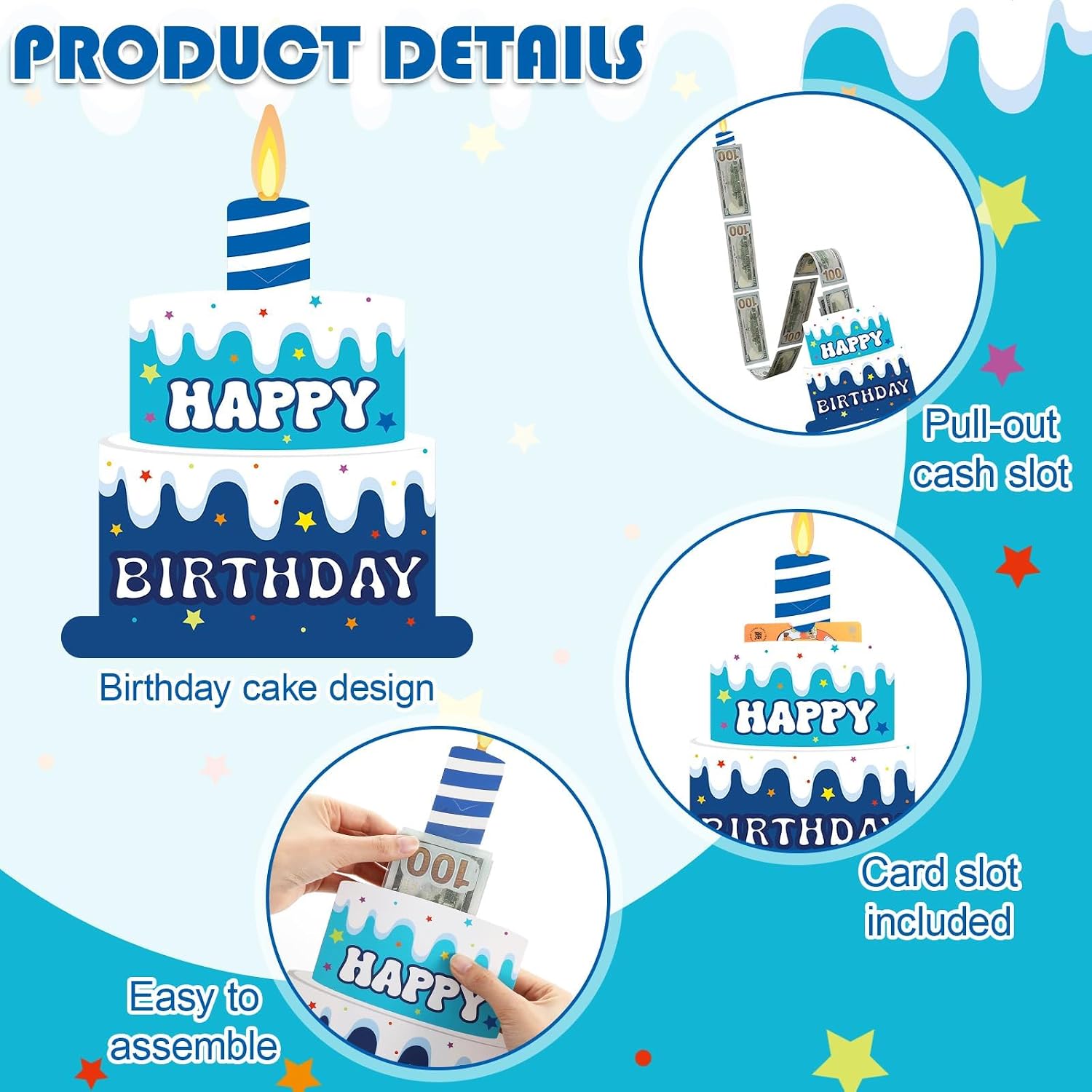2 in 1 Birthday Gift Card Holder Surprise Cash Gifts Boxes for Money Birthday Themed Waterfall Gift Cards Holder Blue Cake Card Pull Box DIY Cards for Cash Surprise Gifts Family Friends Party Supplies
