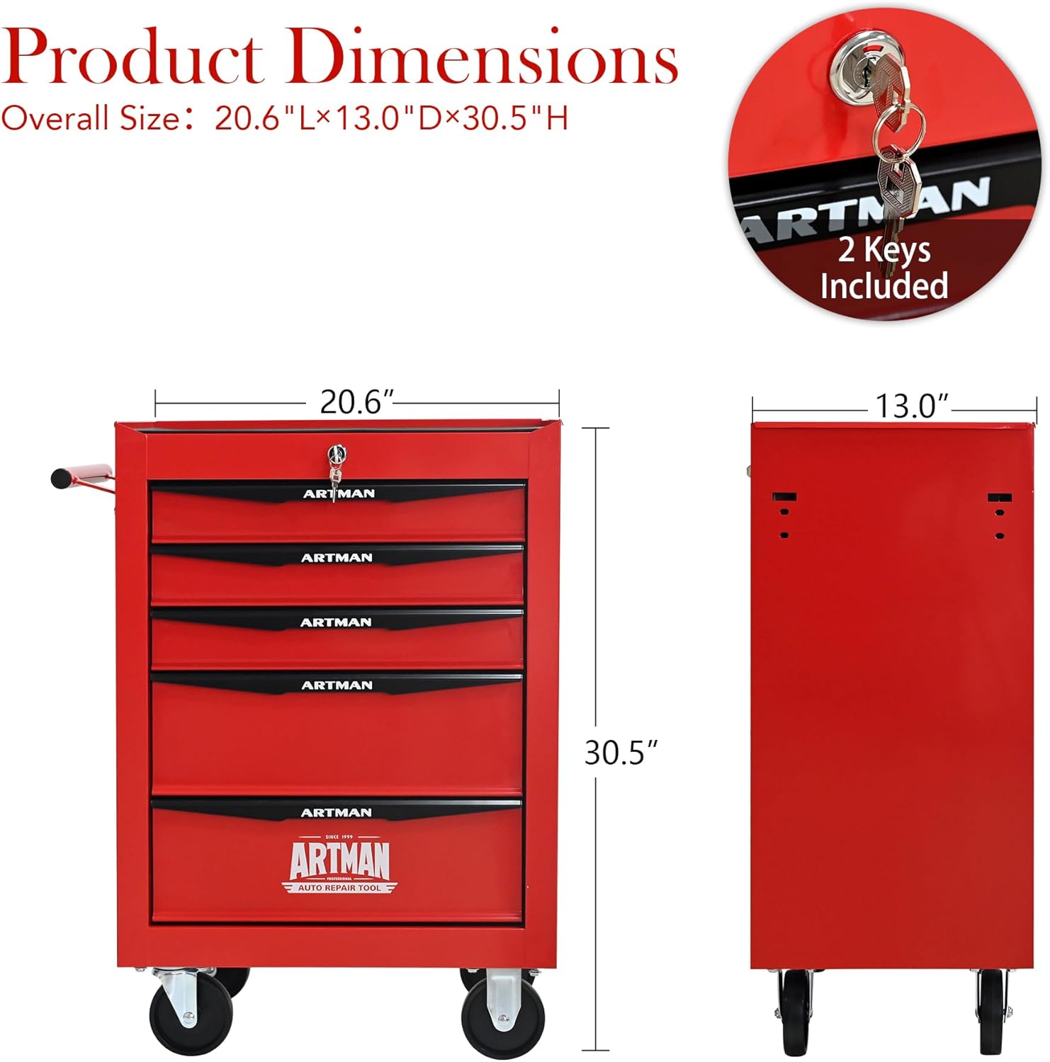 Rolling Tool Chest with 5 Drawers Ball Bearing Drawer Slides Smooth Wheels Lockable 20" L 13" W 30" H Metal Tools Chest Cabinet Storage Organizer, Red