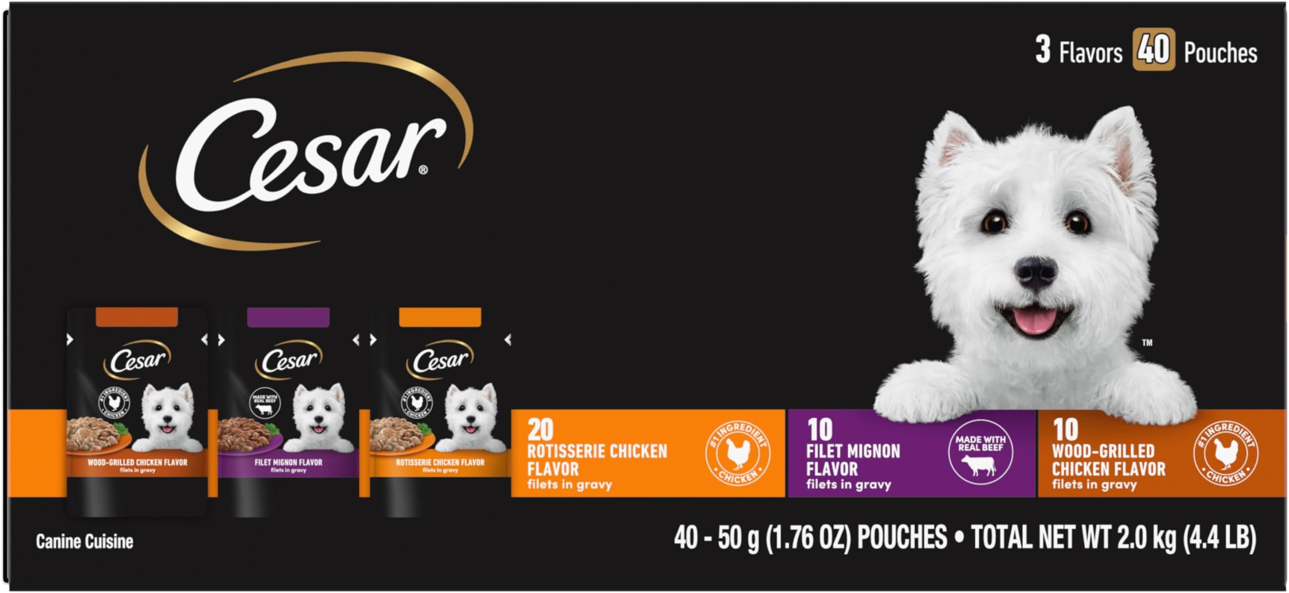 Cesar Filets in Gravy Wet Dog Food Filet Mignon Flavor, Rotisserie Chicken Flavor, and Wood-Grilled Chicken Flavor Variety Pack, 1.76 oz. Mini-Pouches, 40 Pack