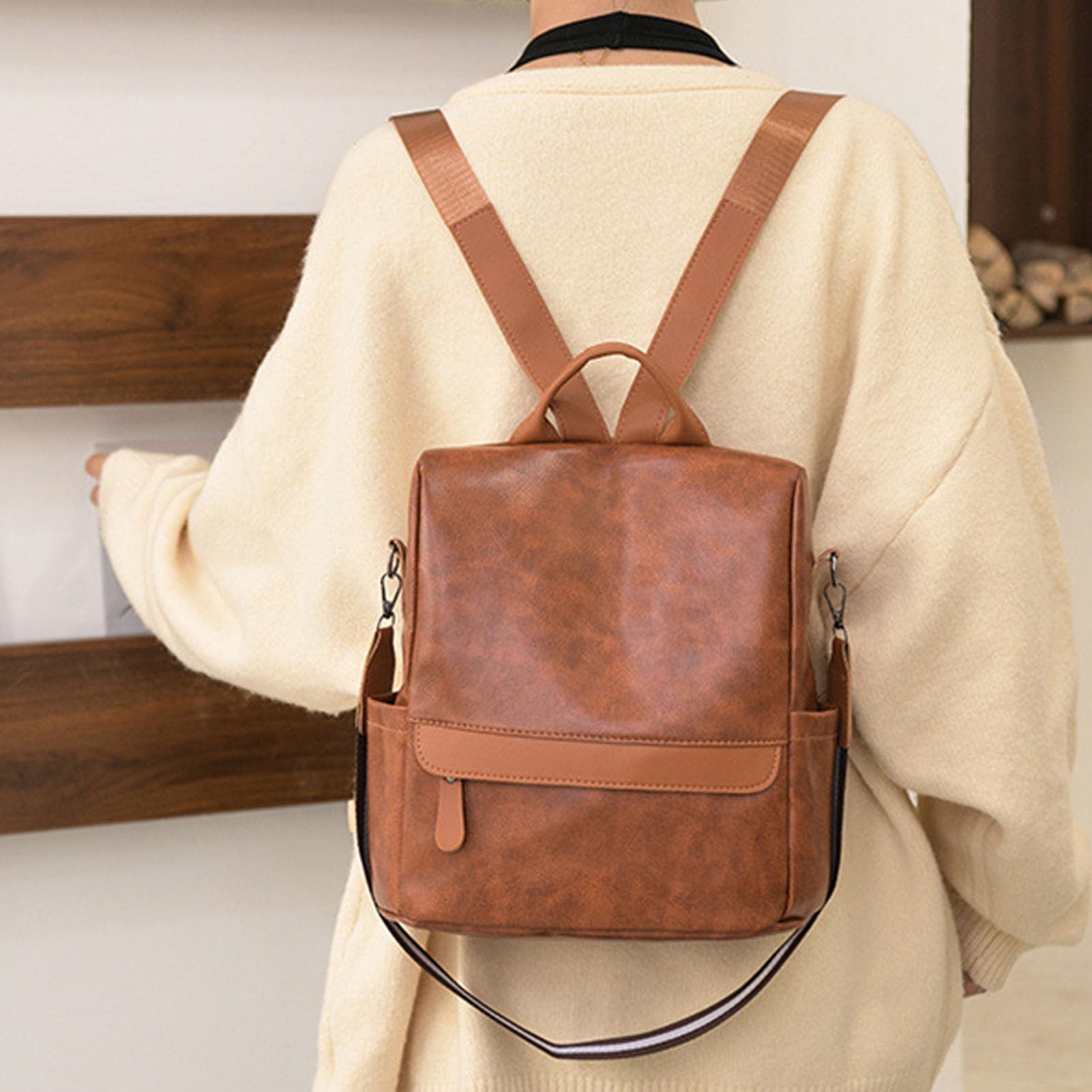 Jauarta Women PU Leather Backpack Vintage Portable PU Leather Backpack for Dating Travel (27cm*12cm*34cm)