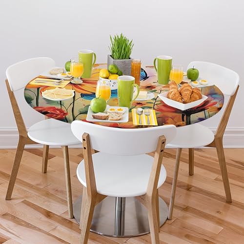 Vista 321 de Mantel redondo ajustable con borde elástico, mantel de hojas coloridas abstractas, impermeable, lavable, para mesas redondas, ideal para picnic