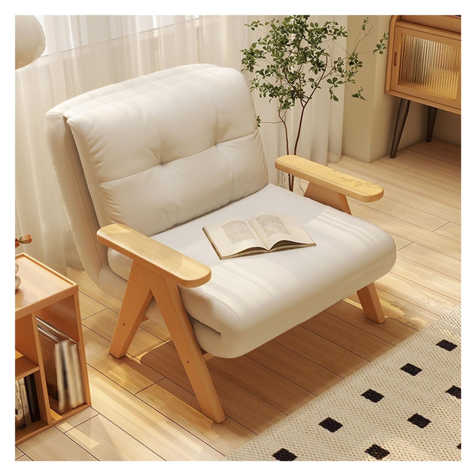 Divano letto pieghevole, divano letto telescopico multifunzionale in legno massello for uso domestico, poltrona letto con cuscino, poltrona letto (Color : White-A)