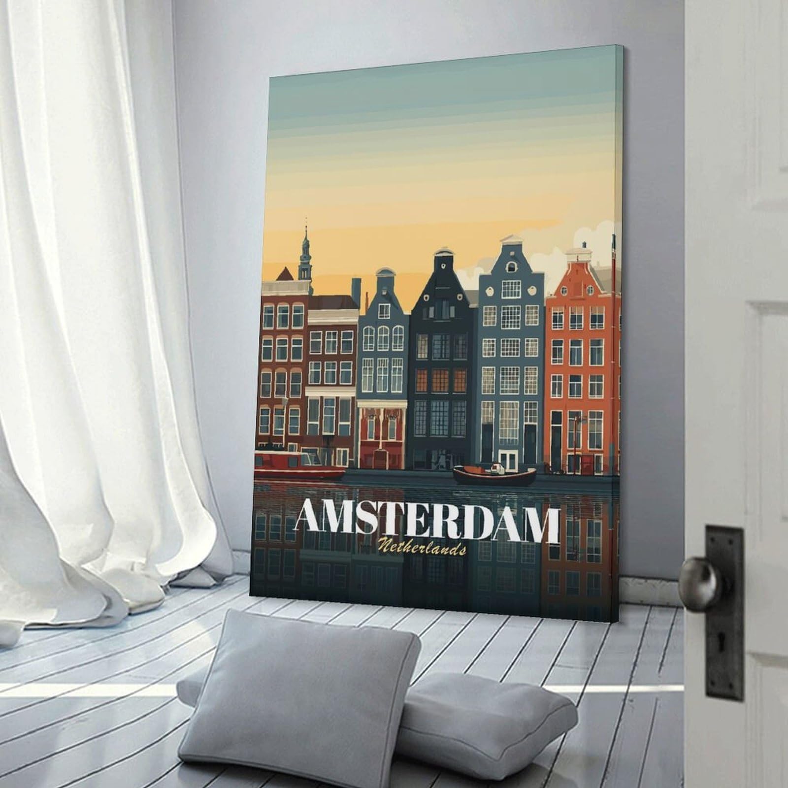 Junmoney Amsterdam Netherlands Cityscape Illustration Hanging Wall Art, 24x36inch(60x90cm), for Bedroom, Guest Room Or Reading Nook, Home Artwork with A Soft Interior Feel