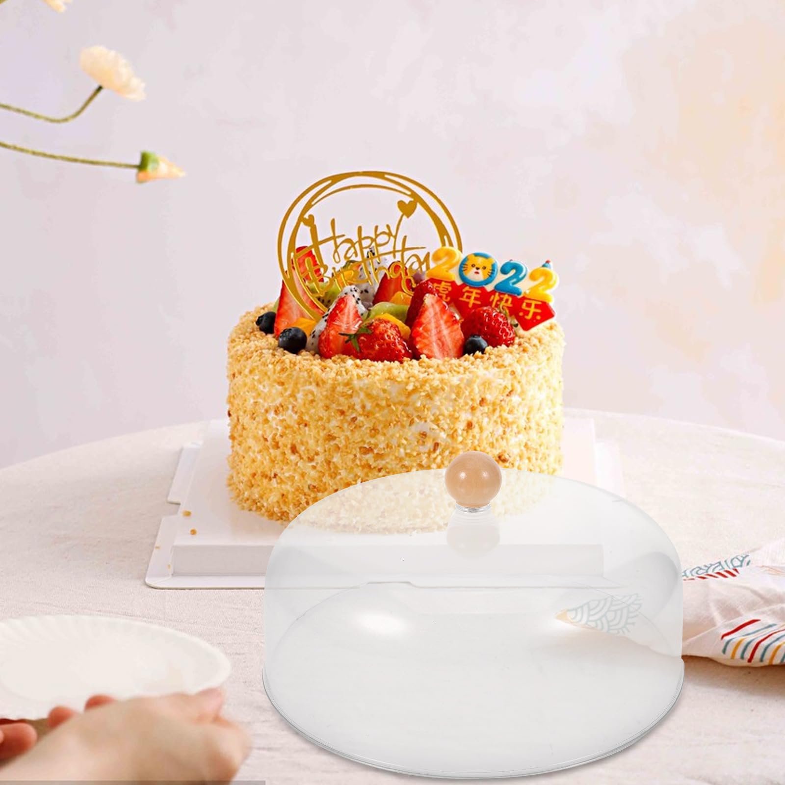 Housoutil Coperchio Rotondo per Alimenti e Torta 23 Cm in Acrilico Trasparente Manico in Legno, Copertura a Cupola per Formaggi e Pasticceria, Protezione Igienica per Cucina e Buffet