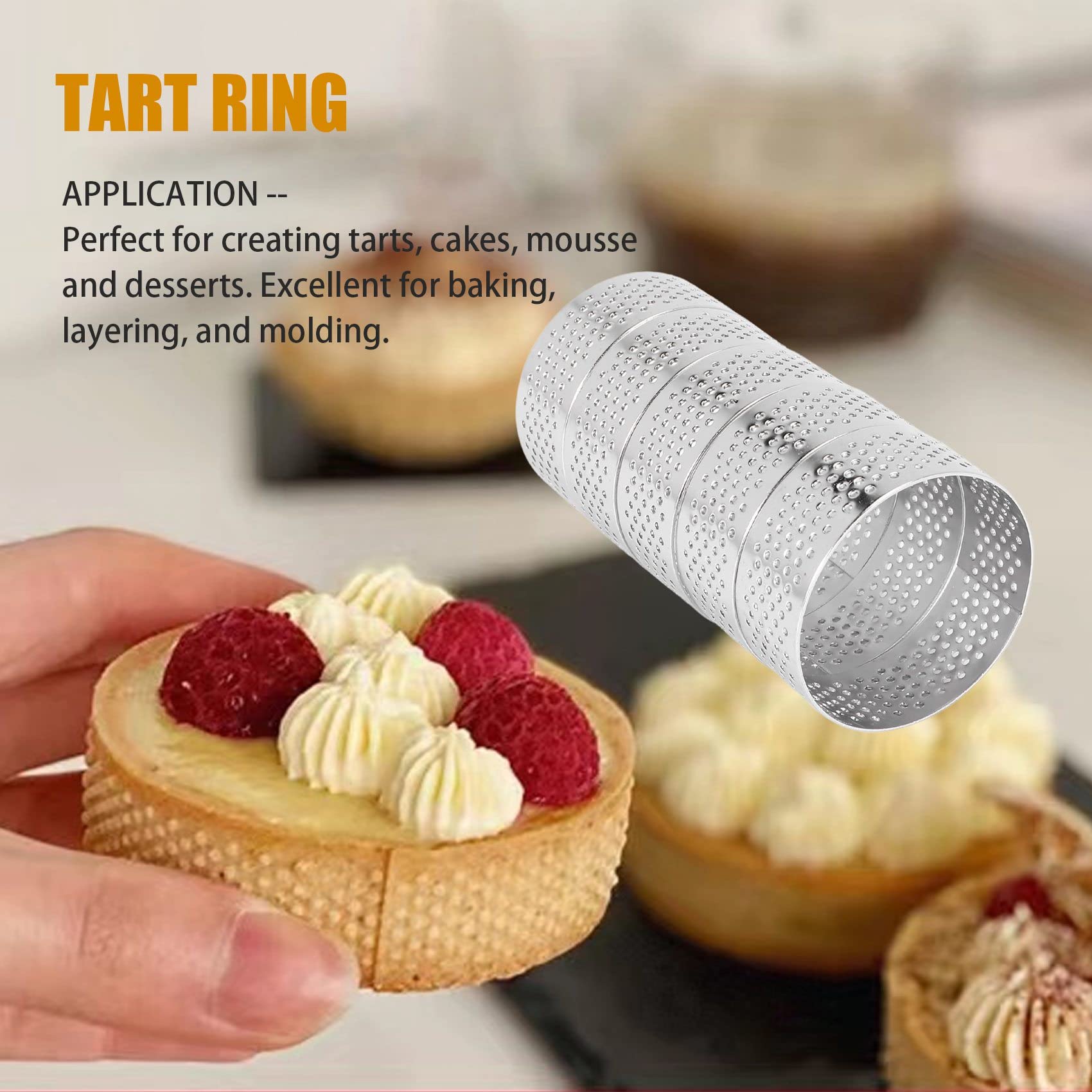 Mircube Stainless Steel Perforated Tart Ring, 5Pcs 5cm Perforated Cake Mousse Ring, DIY Round Tart Rings for Baking Dessert Ring - Image 2