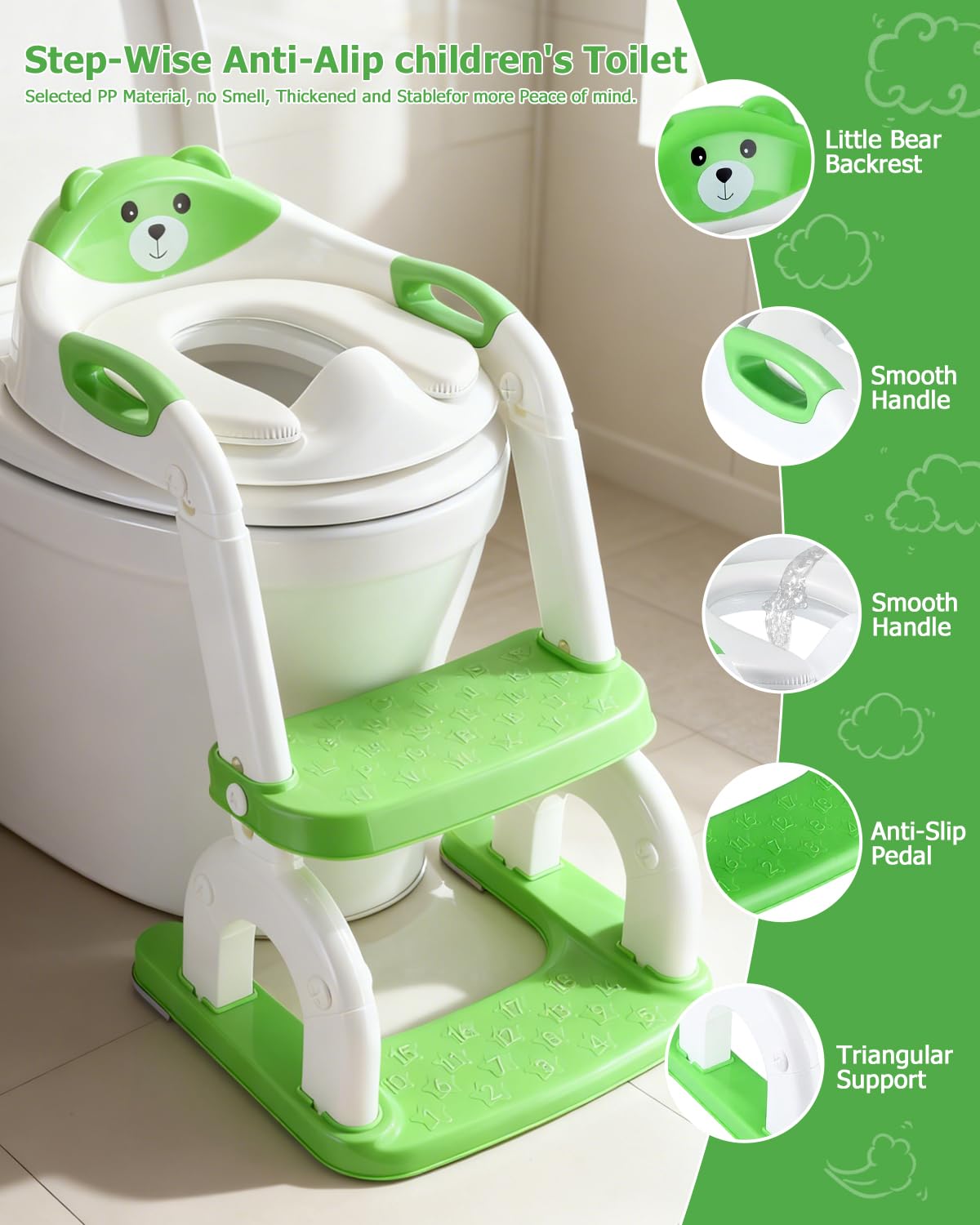 2-in-1 Toilettensitz Kinder mit Treppe, Upgraded WC Aufsatz für Kinder für Jungen und Mädchen, Toilettentrainer mit Treppe, Höhenverstellbar Bequemer Sicherer Toilettensitze (Grün Drei Treppe)