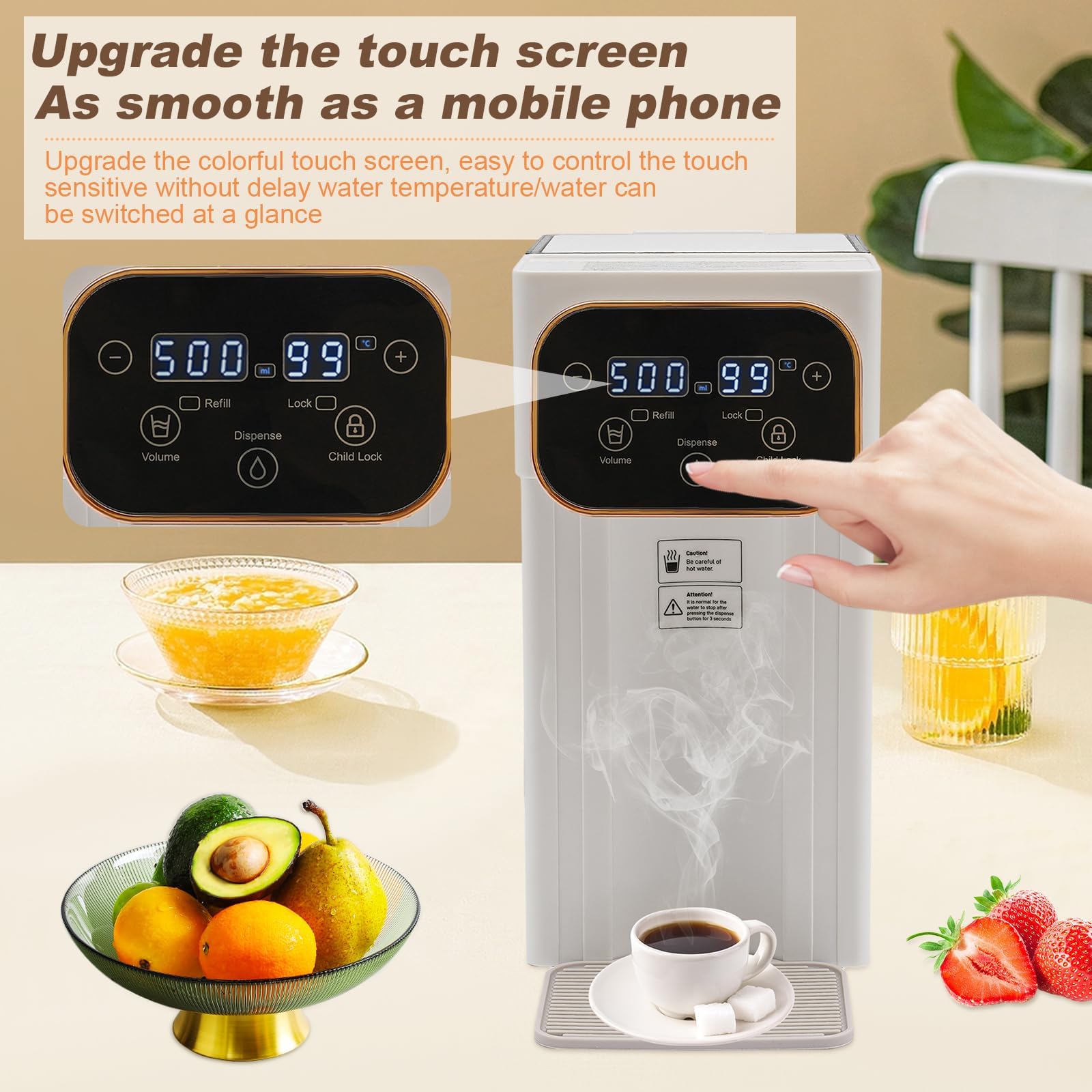 Distributore di acqua calda istantanea, refrigeratore d'acqua da banco con impostazioni di temperatura e volume, blocco di sicurezza, luce notturna per uso domestico o ufficio