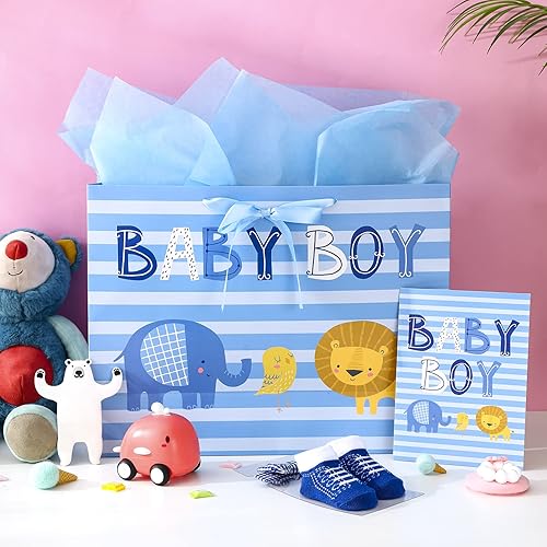 Miniatura 2 de Loveinside Bolsa de regalo para bebé niño con papel de seda y tarjeta de felicitación para baby shower, nuevos padres y más, 16.5 x 12.6 x 5.7