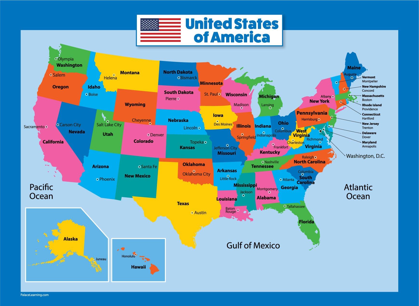 USA Map for Kids - LAMINATED - United States Wall Chart Map (18" x 24")