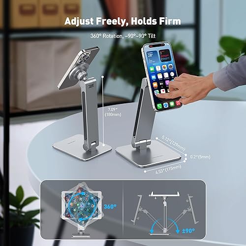 Miniatura 6 de AboveTEK Soporte 2 en 1 para teléfono y iPad, soporte magnético para iPad con abrazadera, soporte de aluminio para tablet para escritorio, rotación