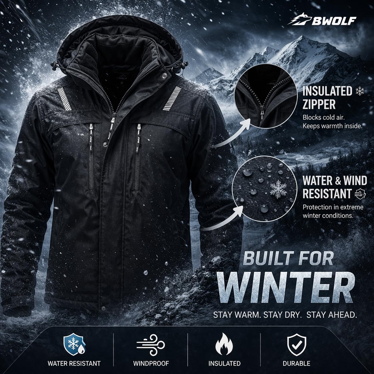 BWOLF OLYMPIA Outdoor Jacken für Männer Arbeitsjacke Herren Winter Herren Winter Wasserdichte Winddichte Winterjacke Arbeitsjacke Warme mit Kapuze