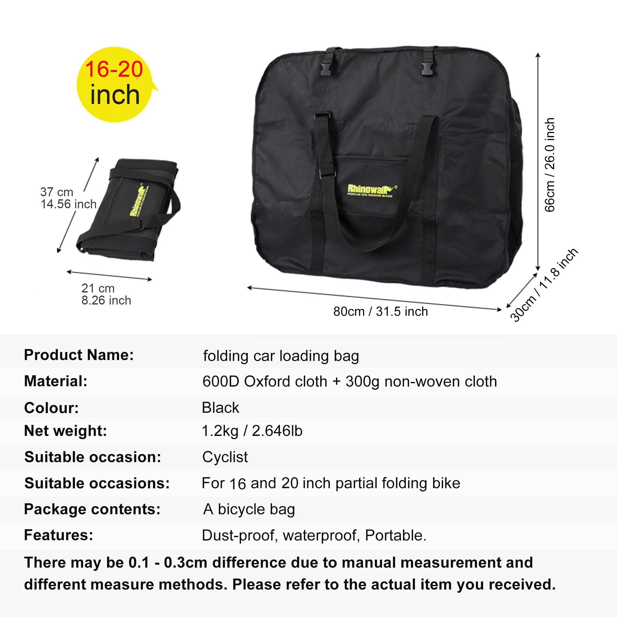 Rhinowalk Bolsa Plegable para Bicicleta de 20/26 Pulgadas, Impermeable, Bolsa de Transporte para Coches, Tren y Viajes (Negro 20 Pulgadas)