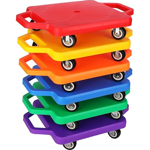 Jerify 6 Pcs Sports Scooter Board Bulk for Kids Gym Scooters Board with Handles Plastic Casters Sitting Flat for Children Gym Indoor Outdoor Activities Play Equipment(Square Handle Mixed Color)